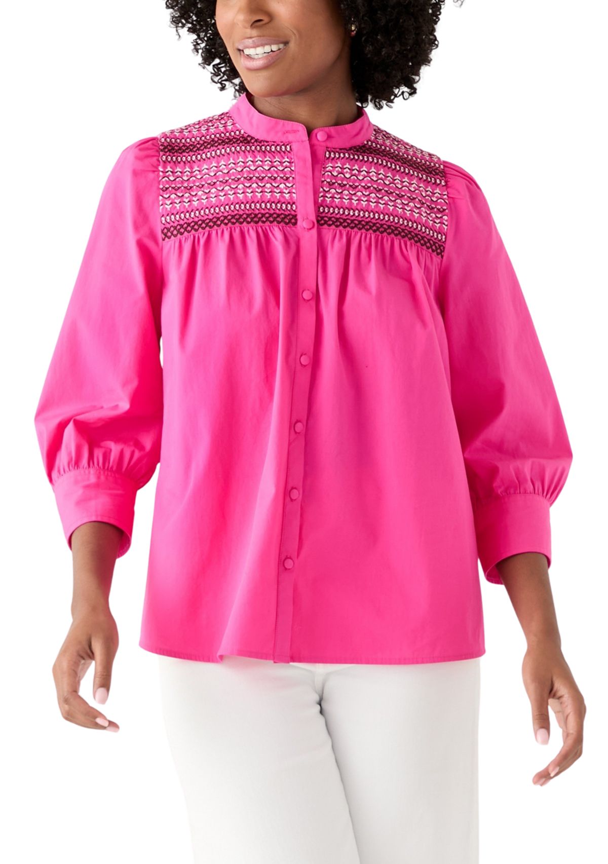  Womens 3/4 Sleeve Smocked Button Front Top