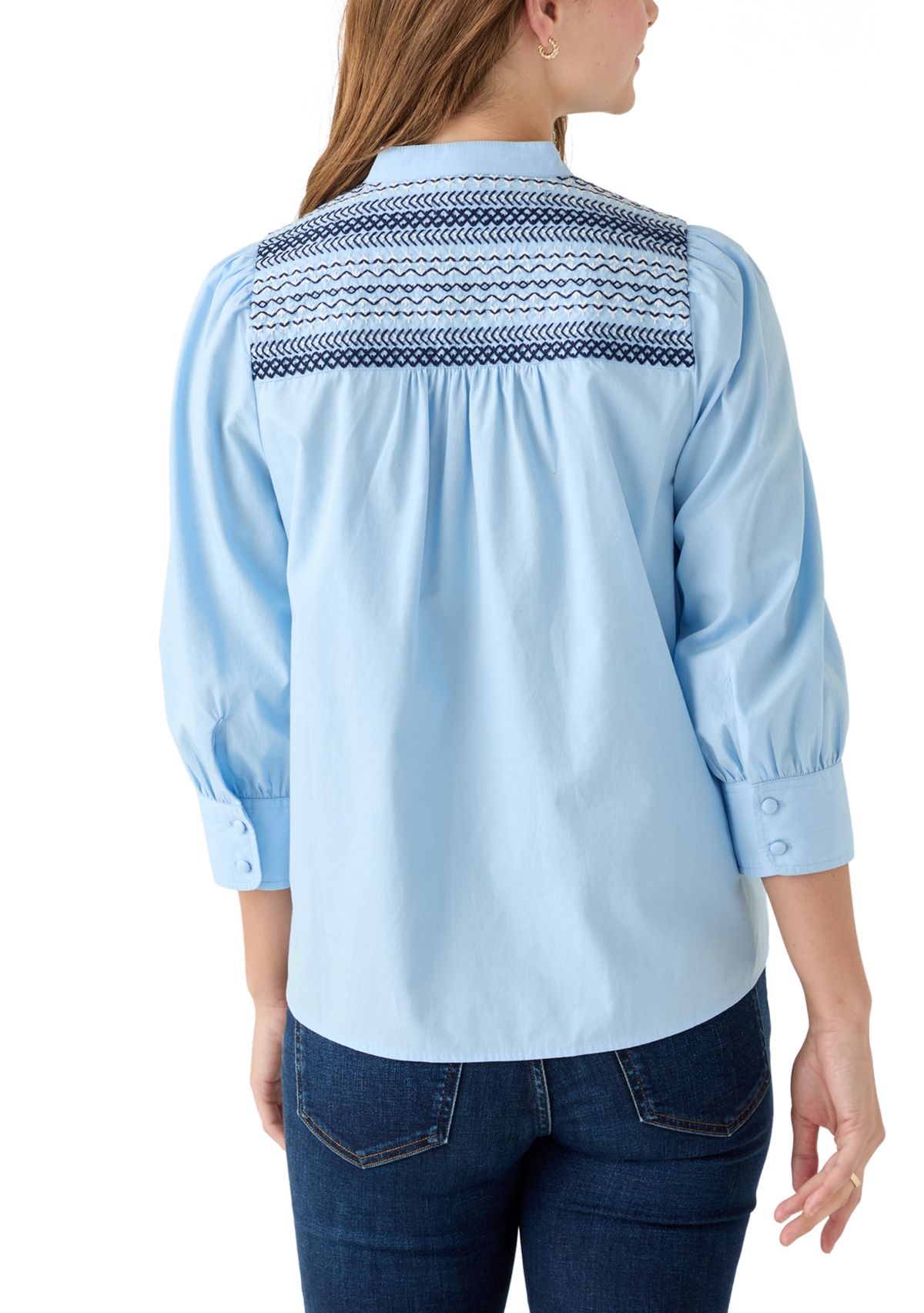 Womens 3/4 Sleeve Smocked Button Front Top