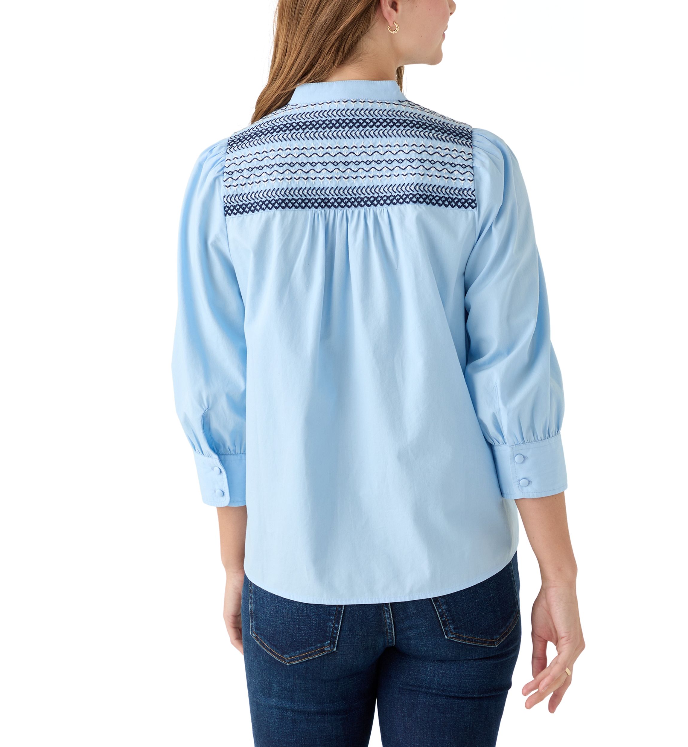  Womens 3/4 Sleeve Smocked Button Front Top