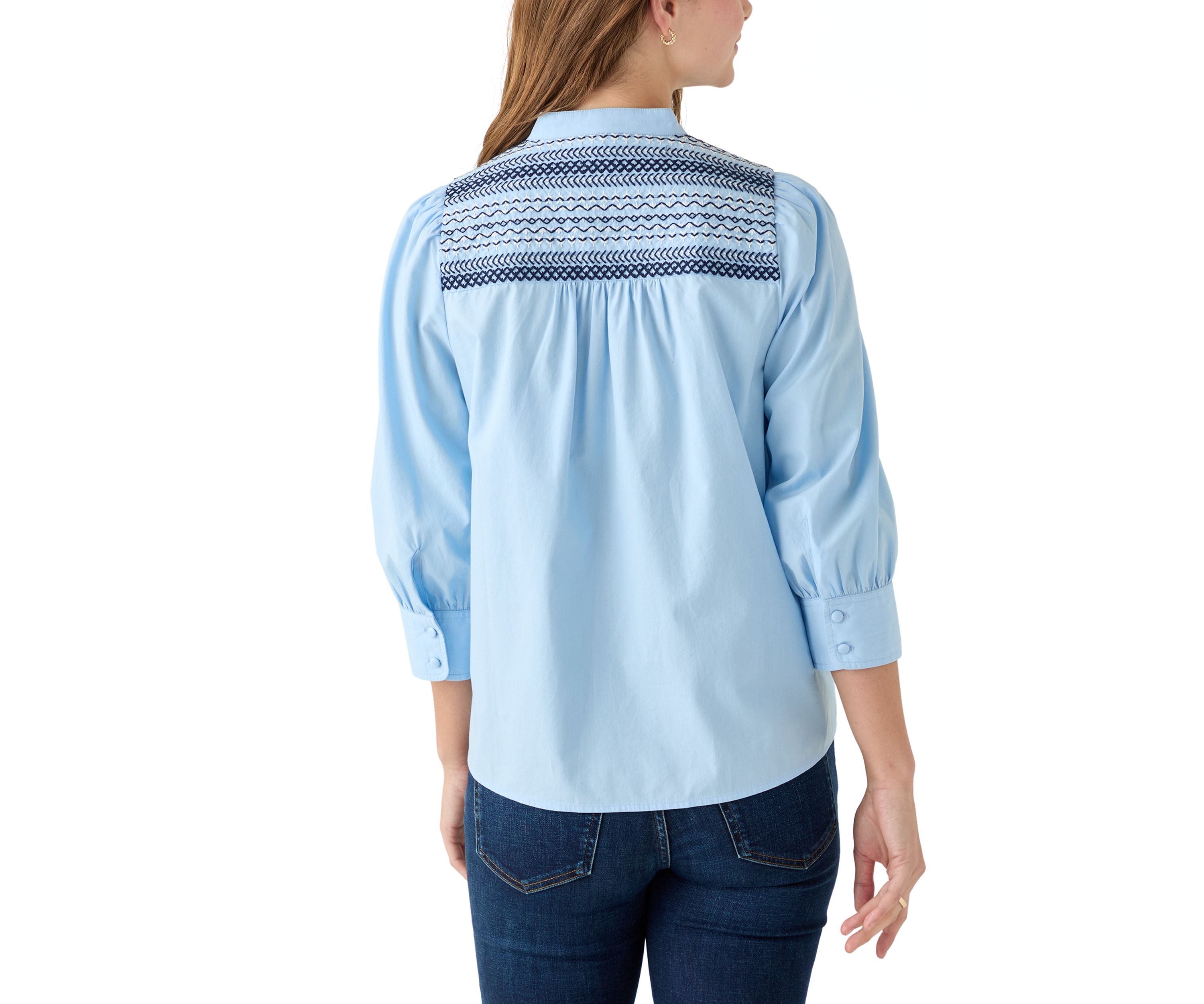  Womens 3/4 Sleeve Smocked Button Front Top