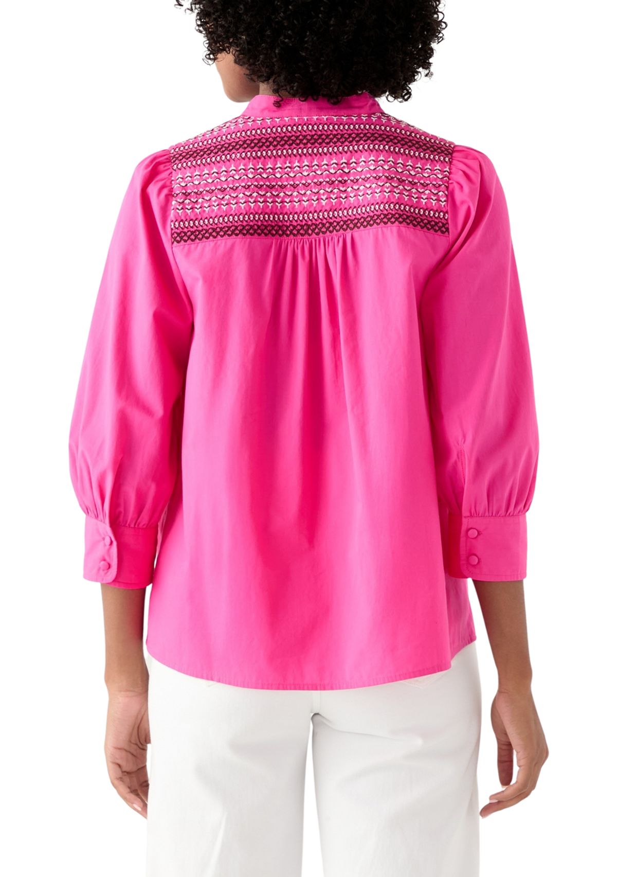  Womens 3/4 Sleeve Smocked Button Front Top