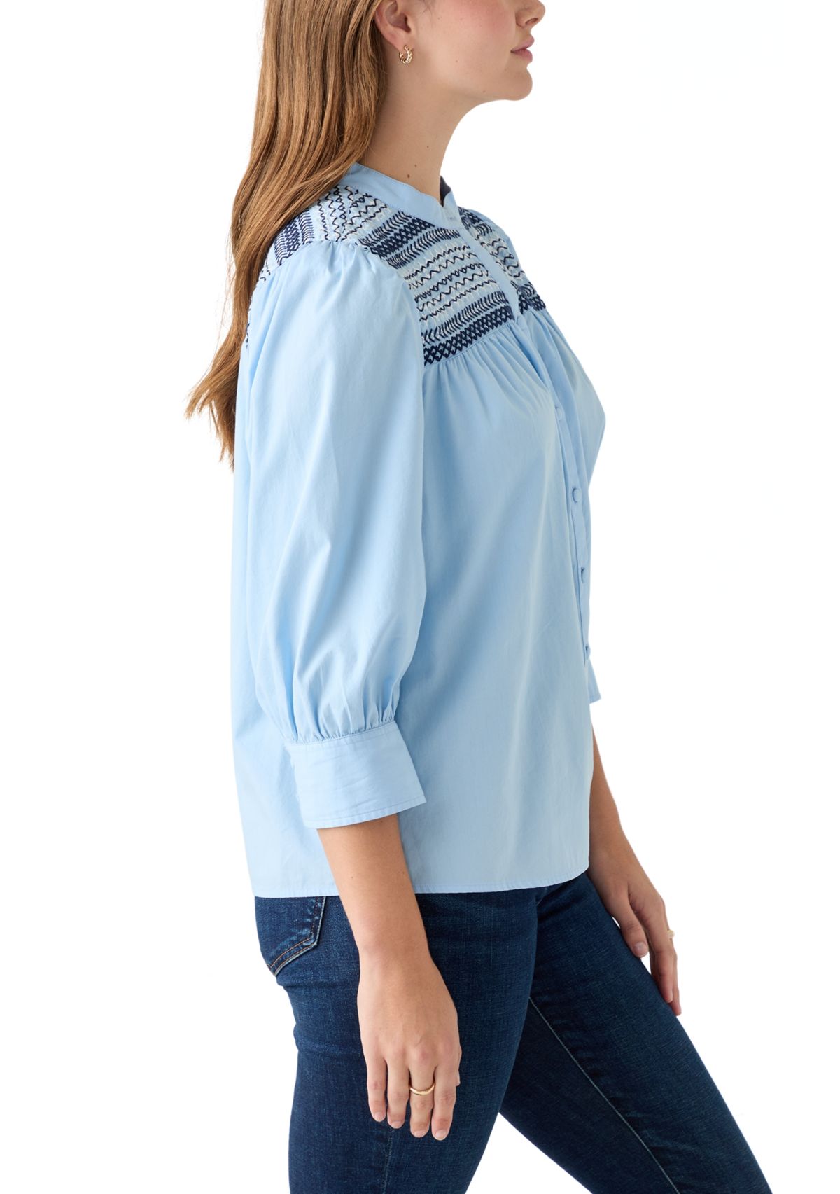 Womens 3/4 Sleeve Smocked Button Front Top