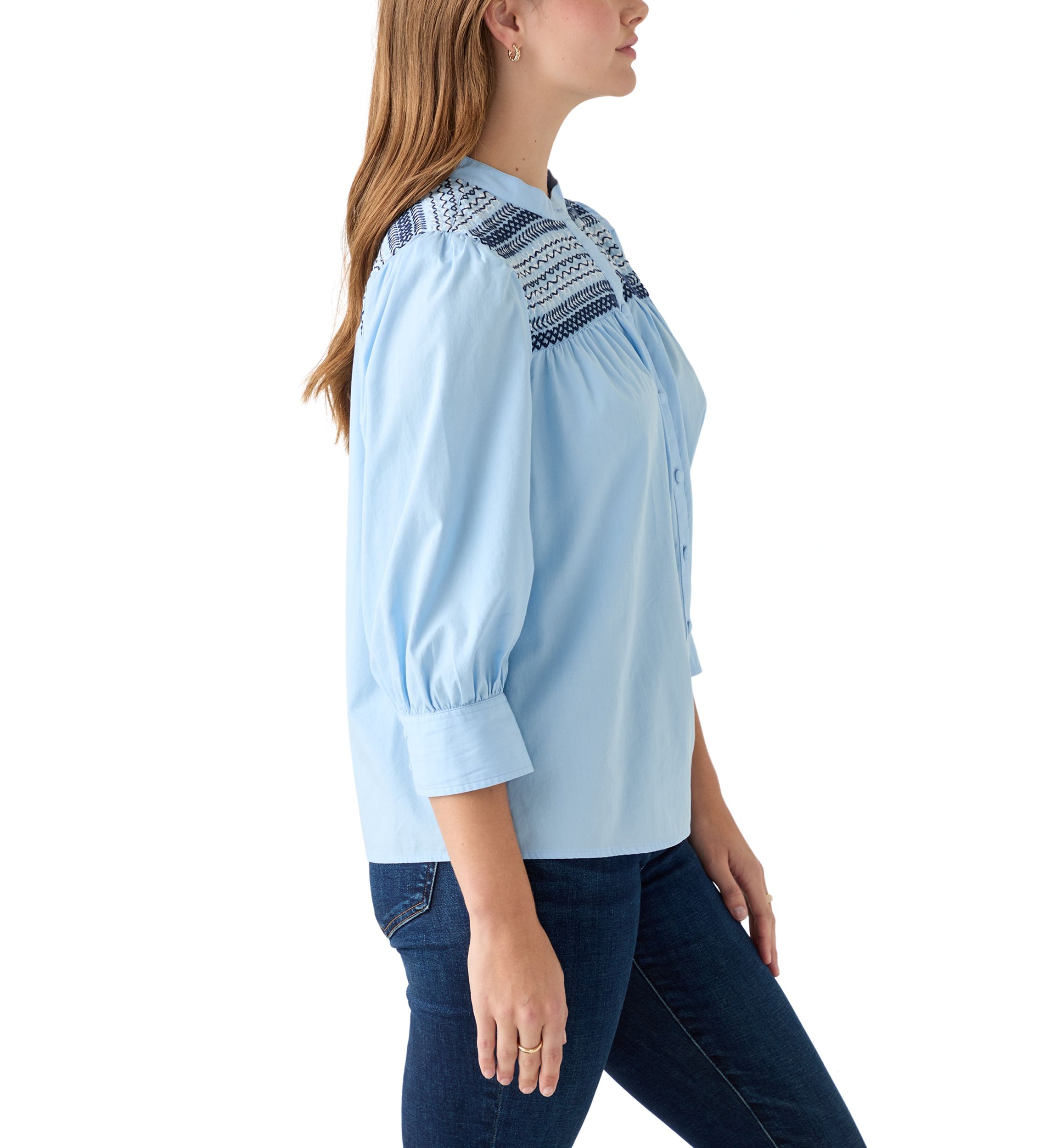  Womens 3/4 Sleeve Smocked Button Front Top