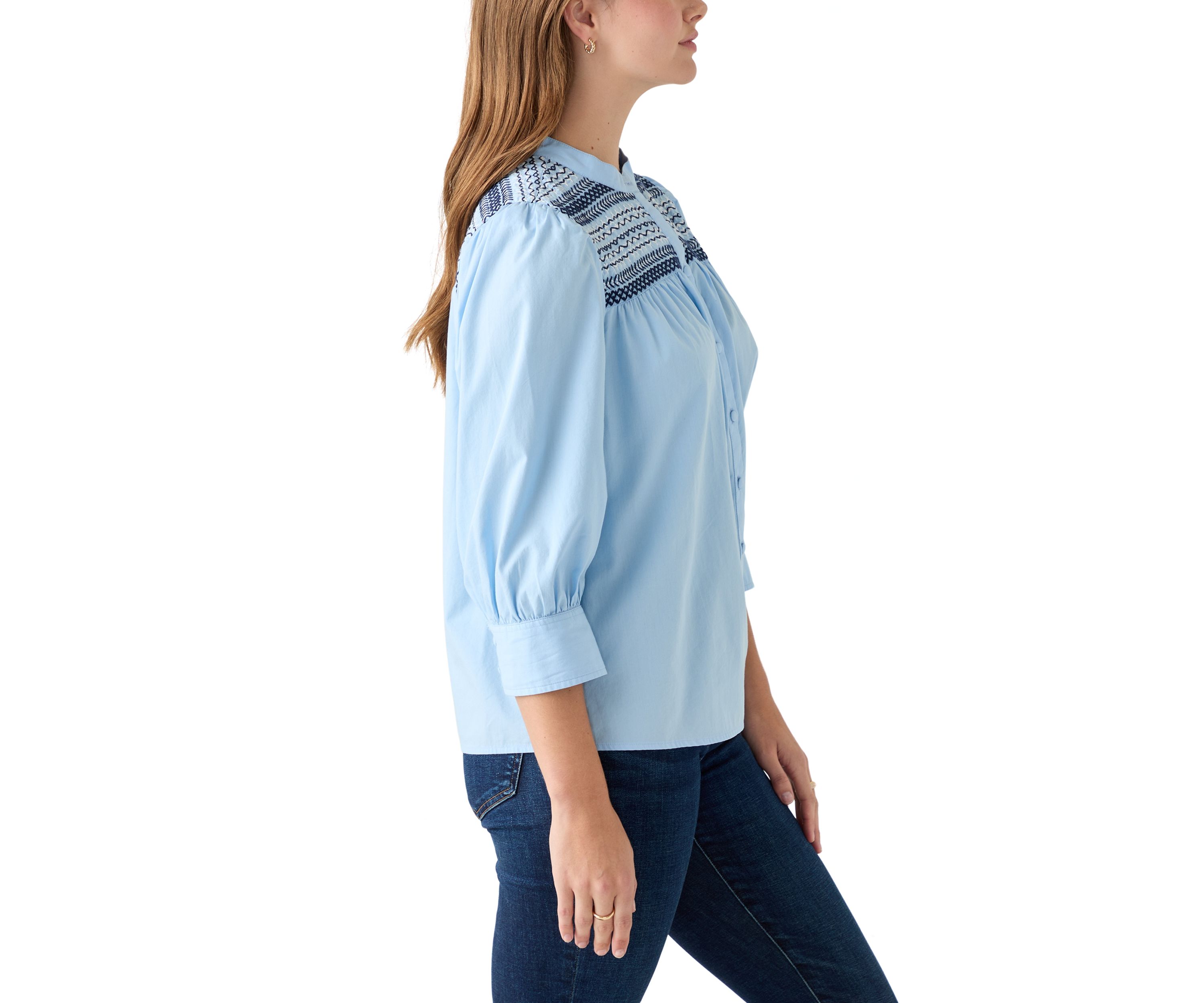  Womens 3/4 Sleeve Smocked Button Front Top