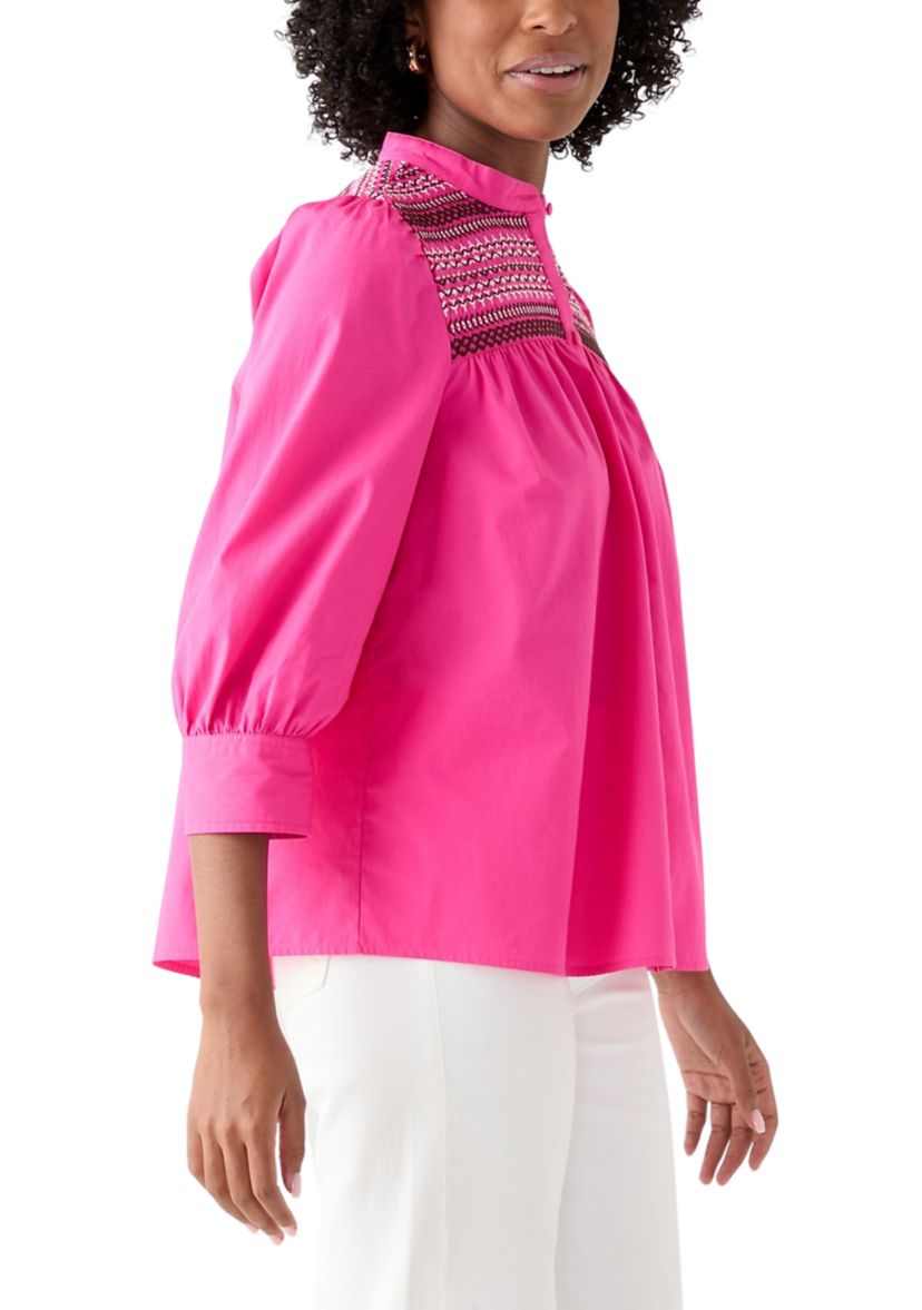  Womens 3/4 Sleeve Smocked Button Front Top