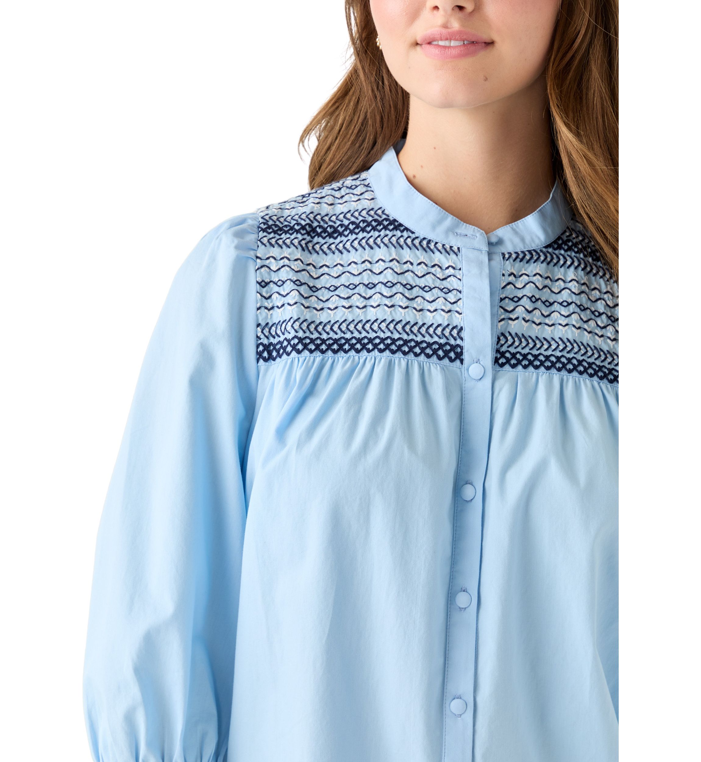  Womens 3/4 Sleeve Smocked Button Front Top