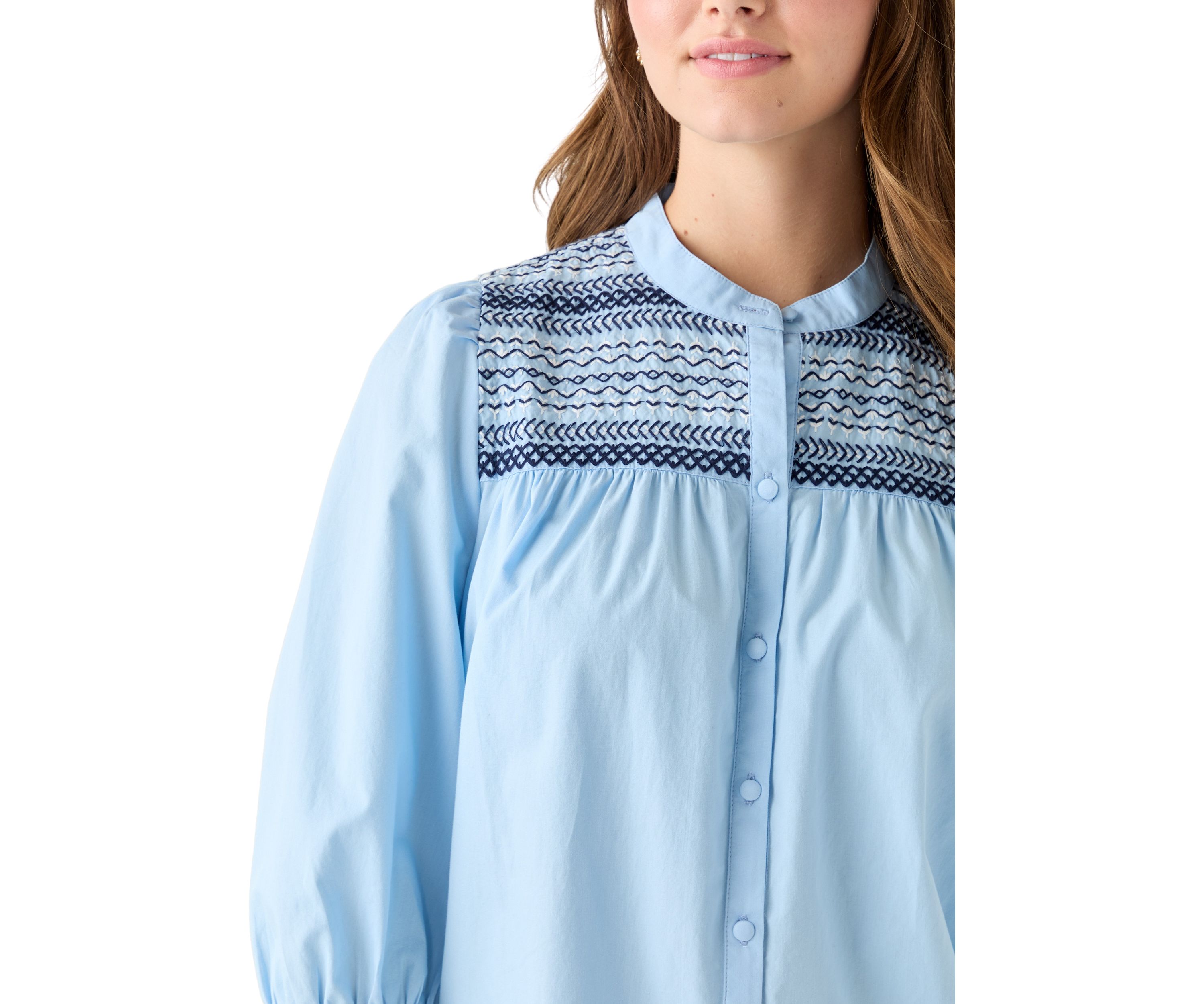  Womens 3/4 Sleeve Smocked Button Front Top