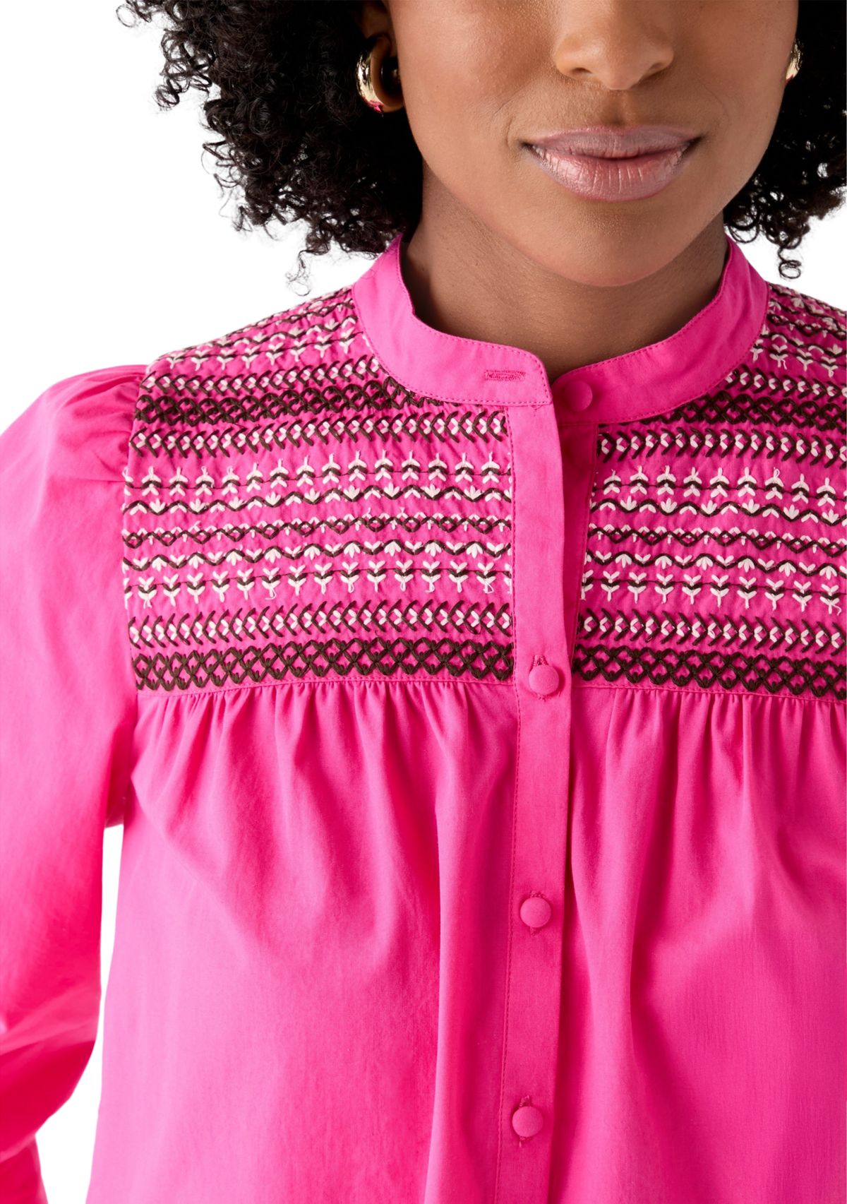  Womens 3/4 Sleeve Smocked Button Front Top