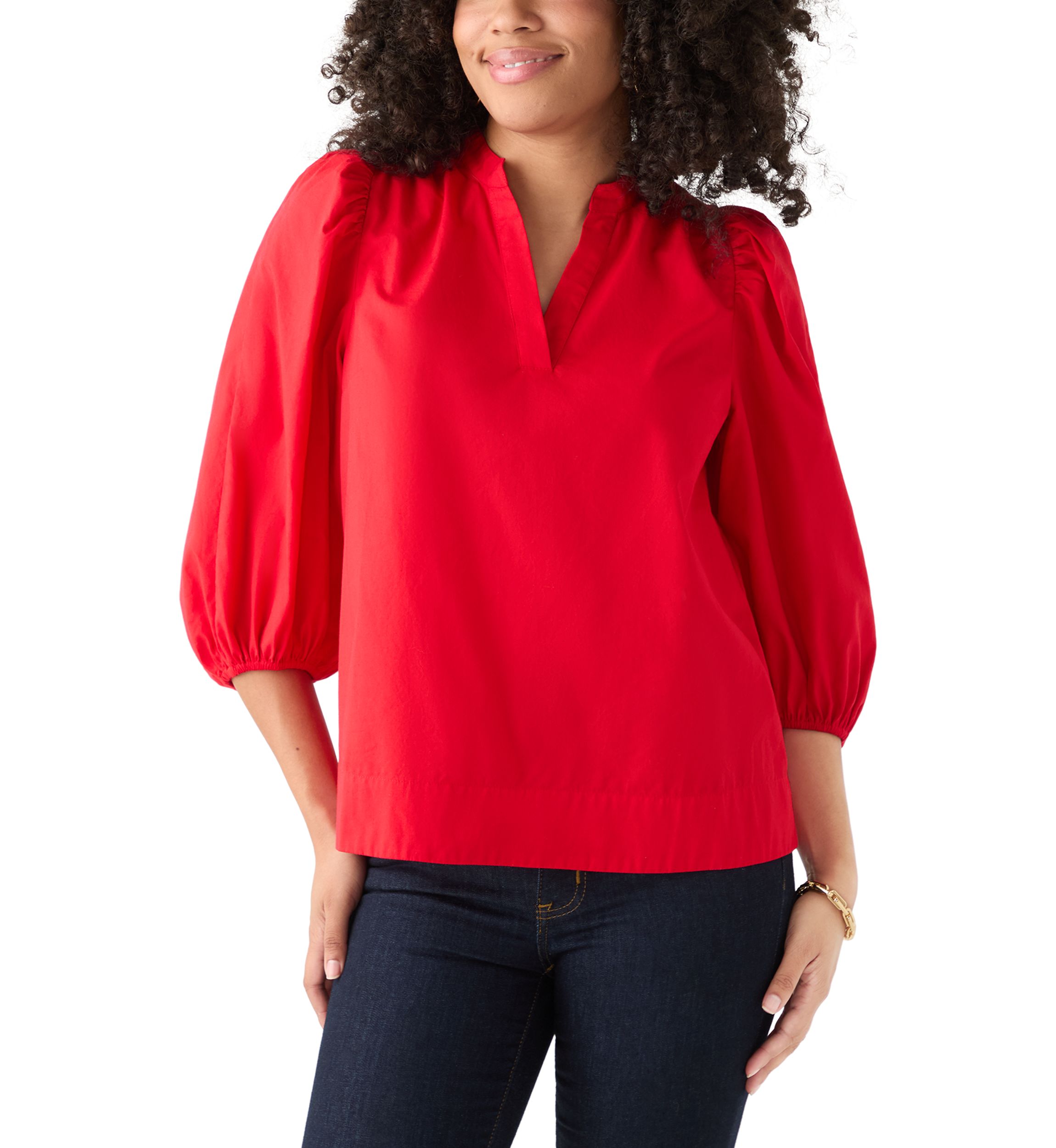 Womens 3/4 Puff Sleeve Split Neck Top