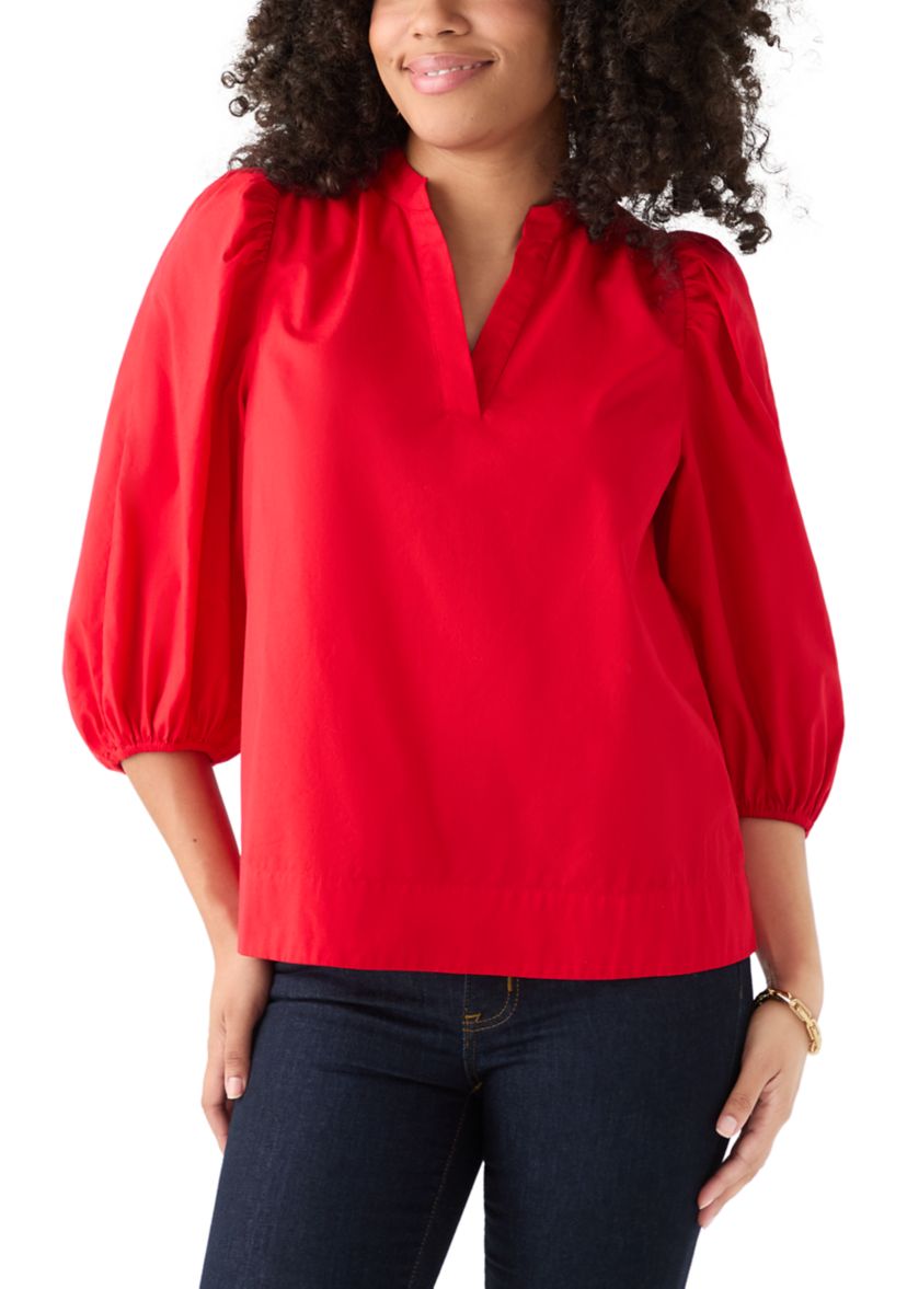 Womens 3/4 Puff Sleeve Split Neck Top