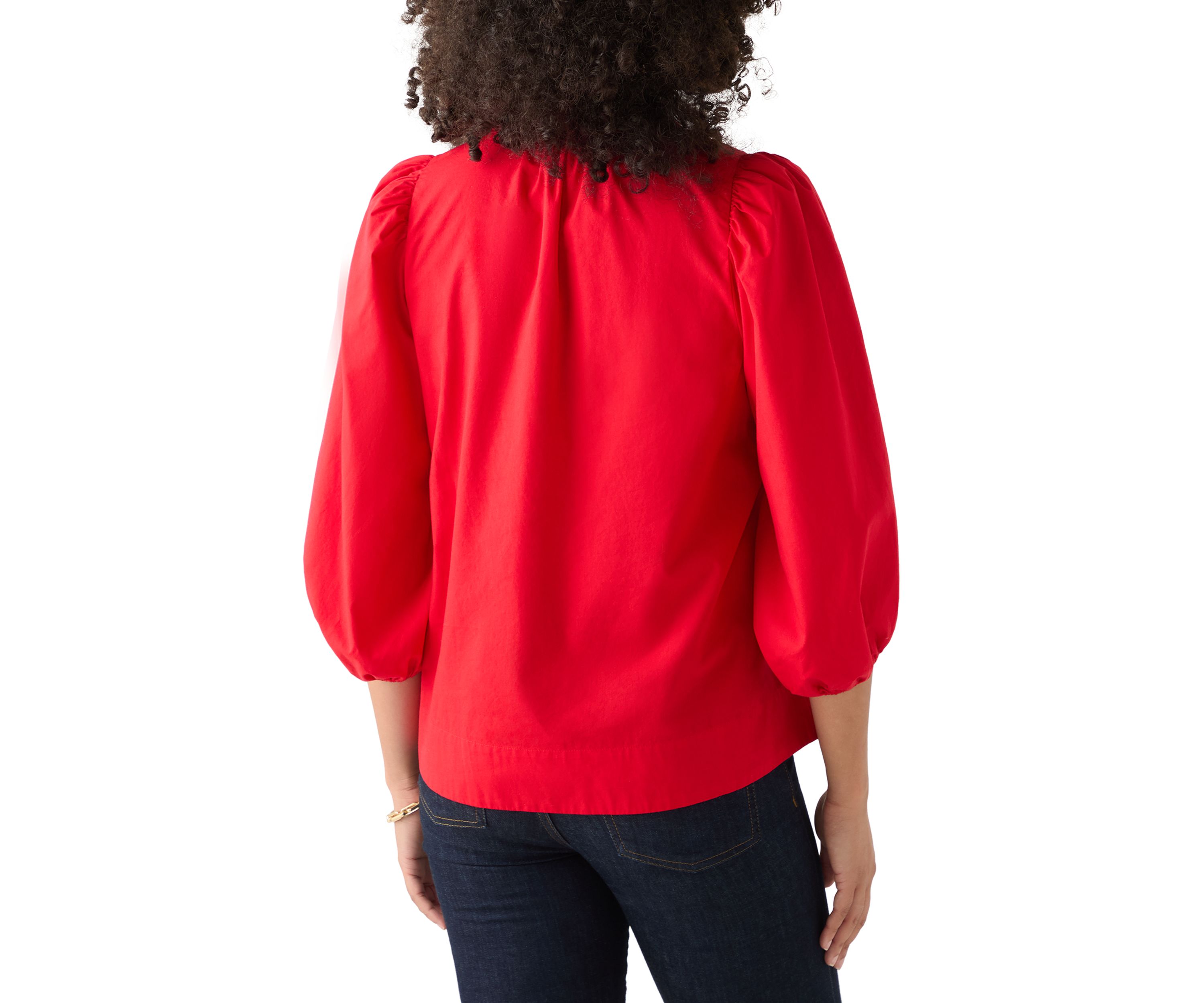Womens 3/4 Puff Sleeve Split Neck Top