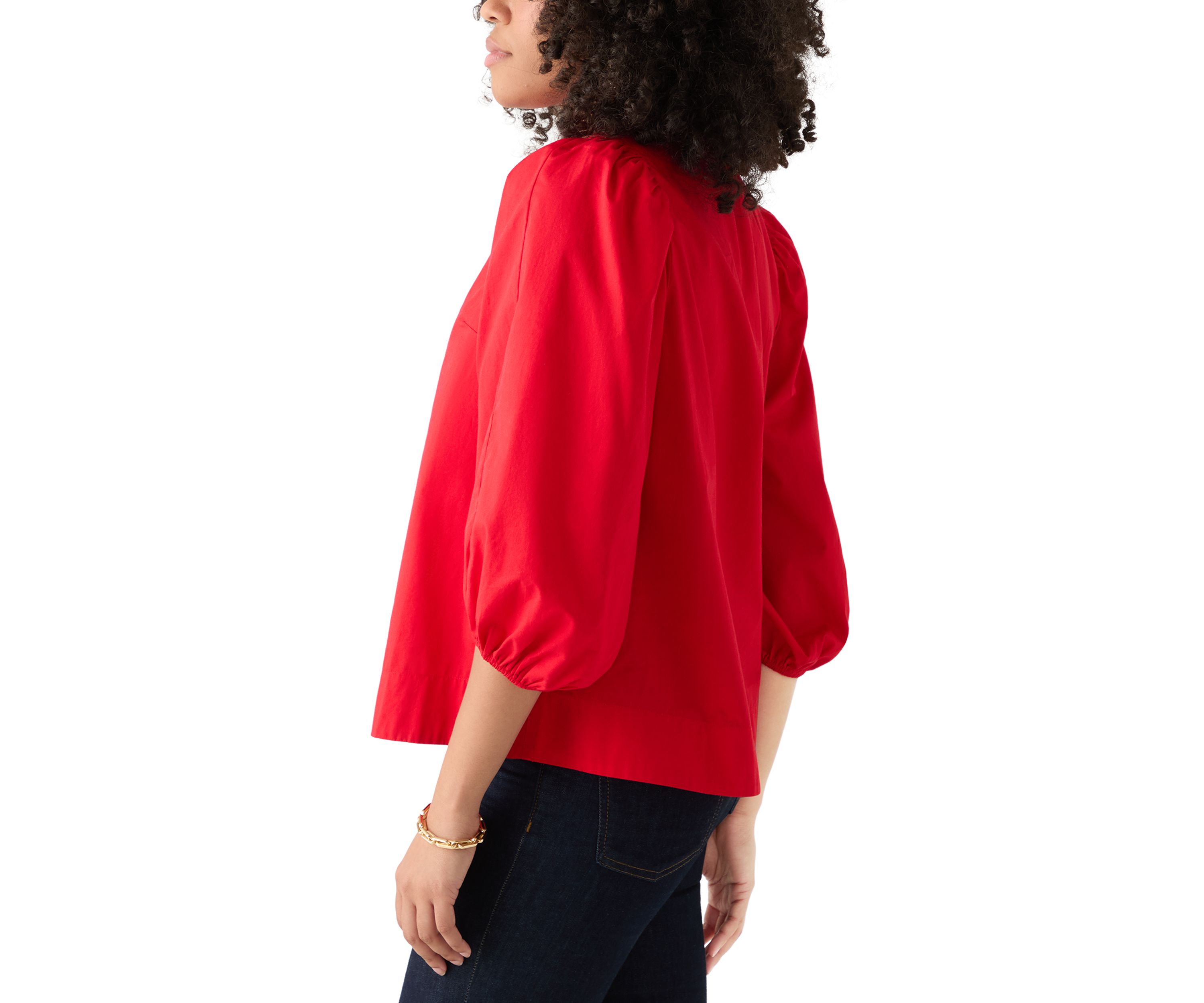 Womens 3/4 Puff Sleeve Split Neck Top