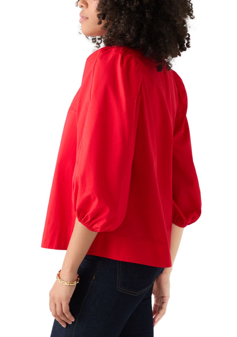 Womens 3/4 Puff Sleeve Split Neck Top