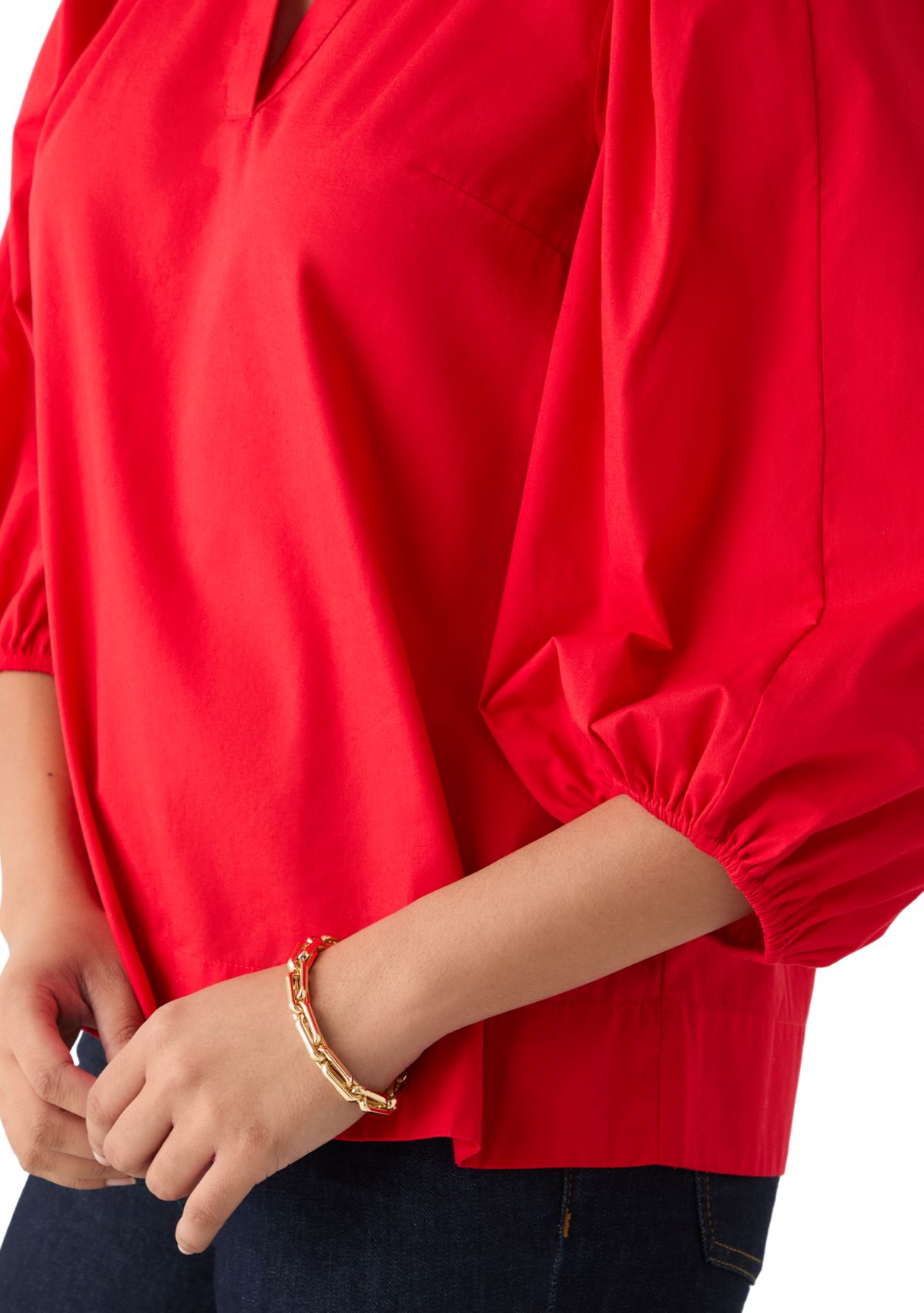 Womens 3/4 Puff Sleeve Split Neck Top