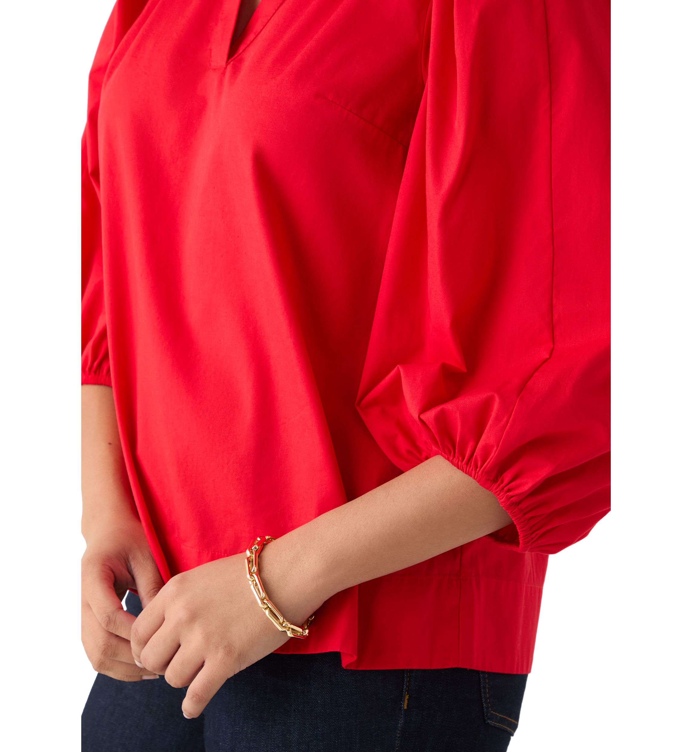 Womens 3/4 Puff Sleeve Split Neck Top