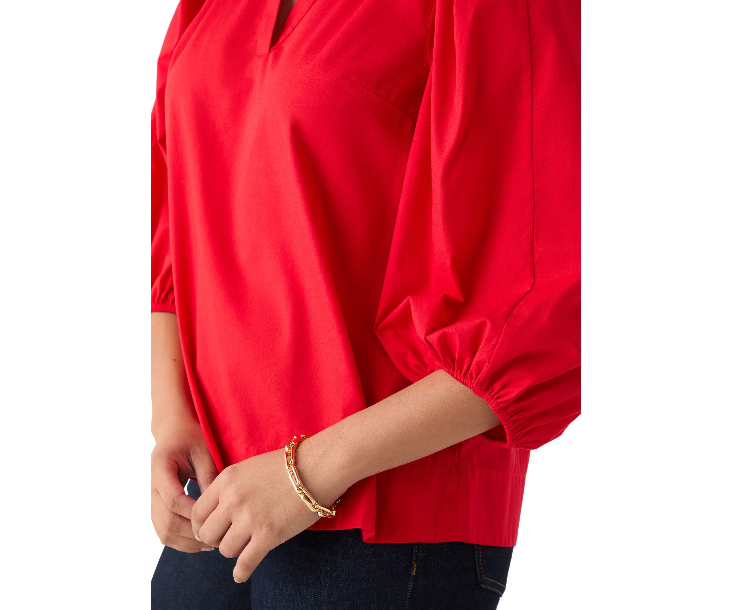 Womens 3/4 Puff Sleeve Split Neck Top