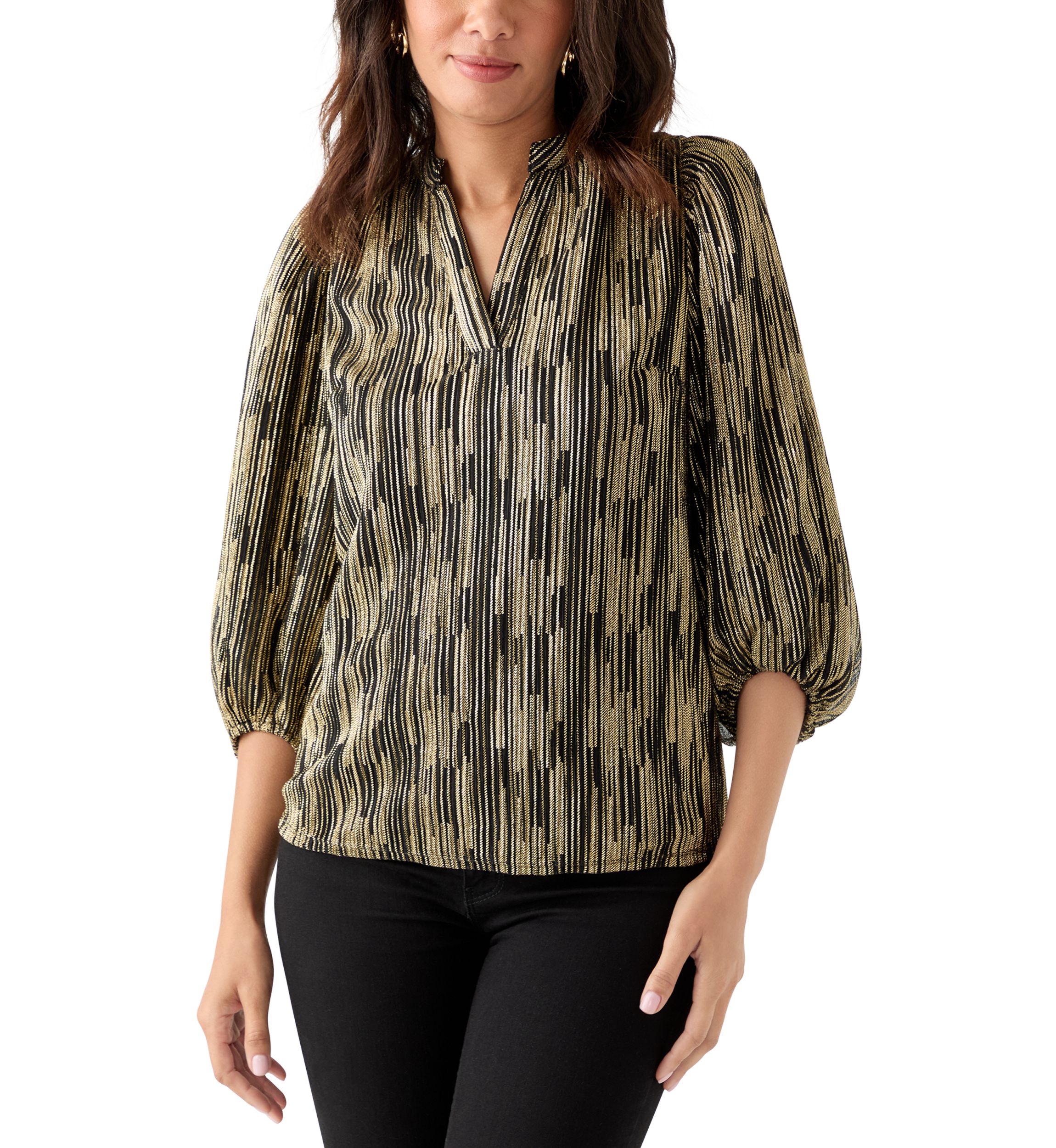  Womens 3/4 Puff Sleeve Split Neck Metallic Top 
