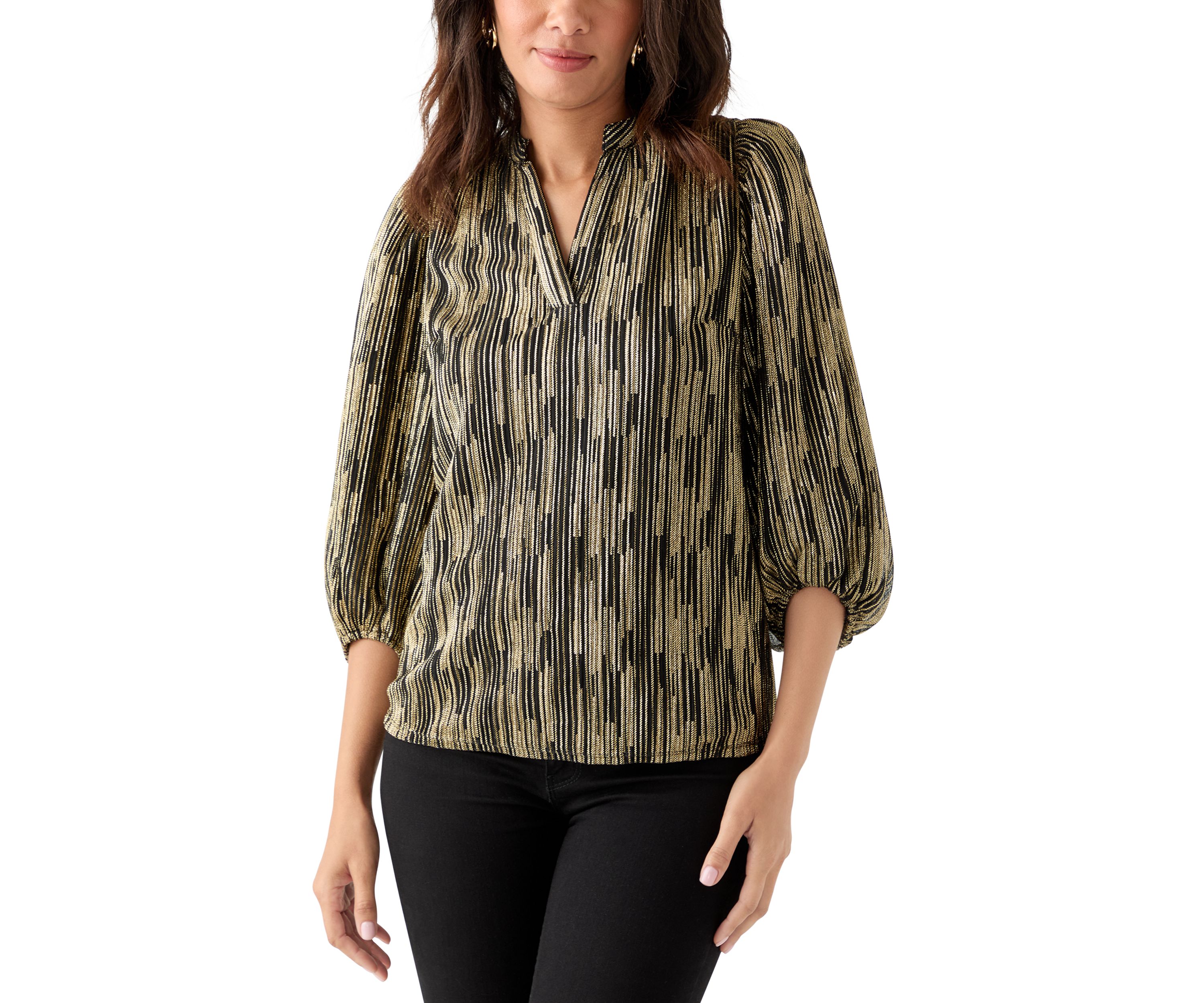  Womens 3/4 Puff Sleeve Split Neck Metallic Top 