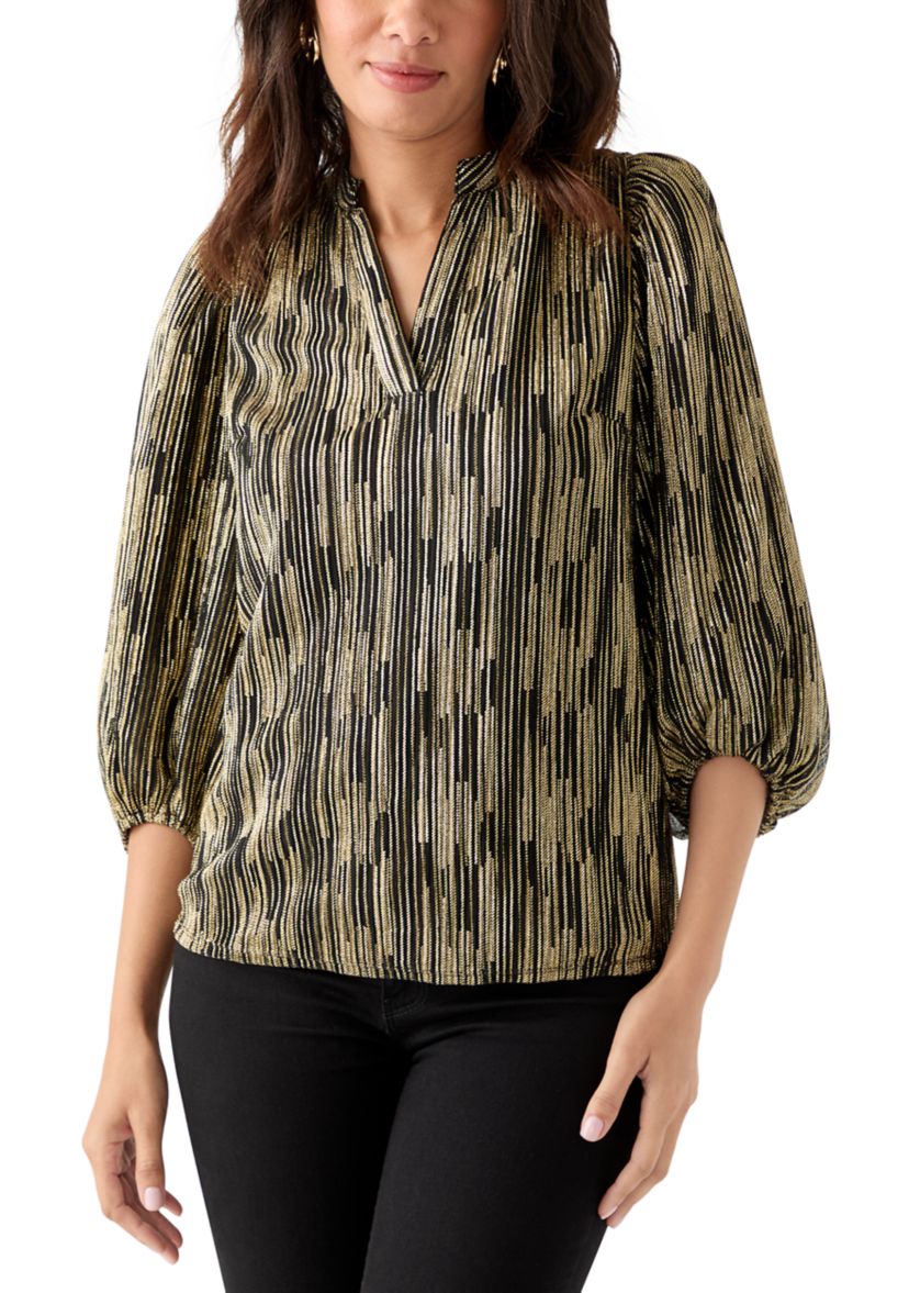  Womens 3/4 Puff Sleeve Split Neck Metallic Top 