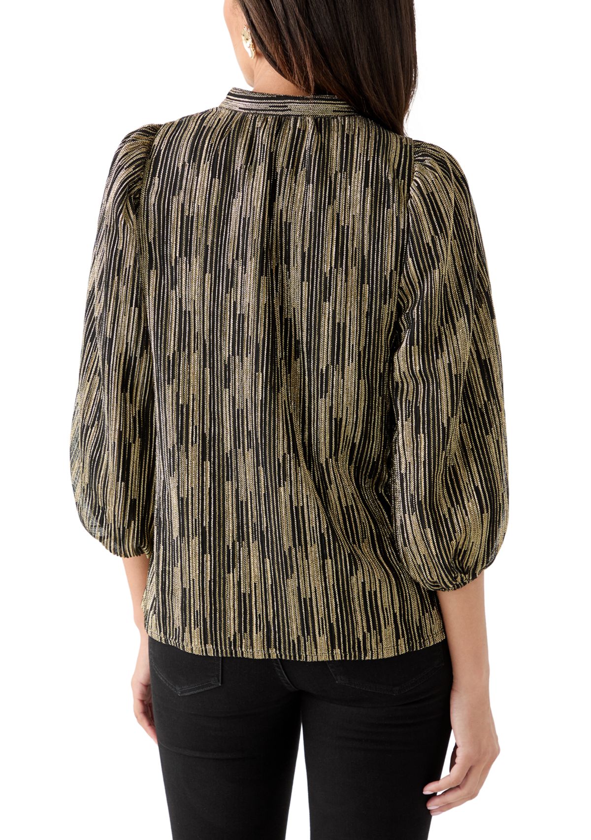  Womens 3/4 Puff Sleeve Split Neck Metallic Top 
