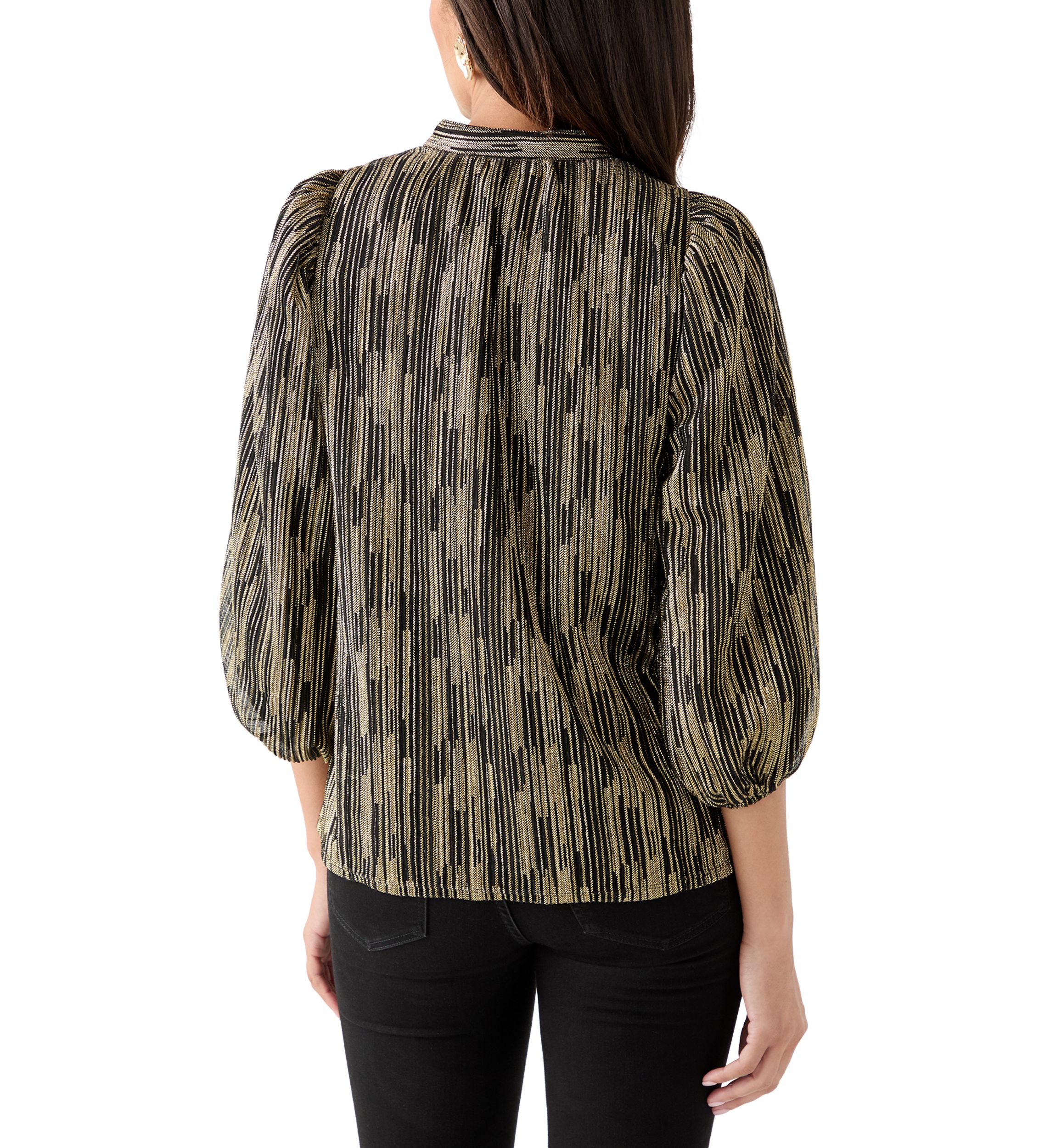  Womens 3/4 Puff Sleeve Split Neck Metallic Top 