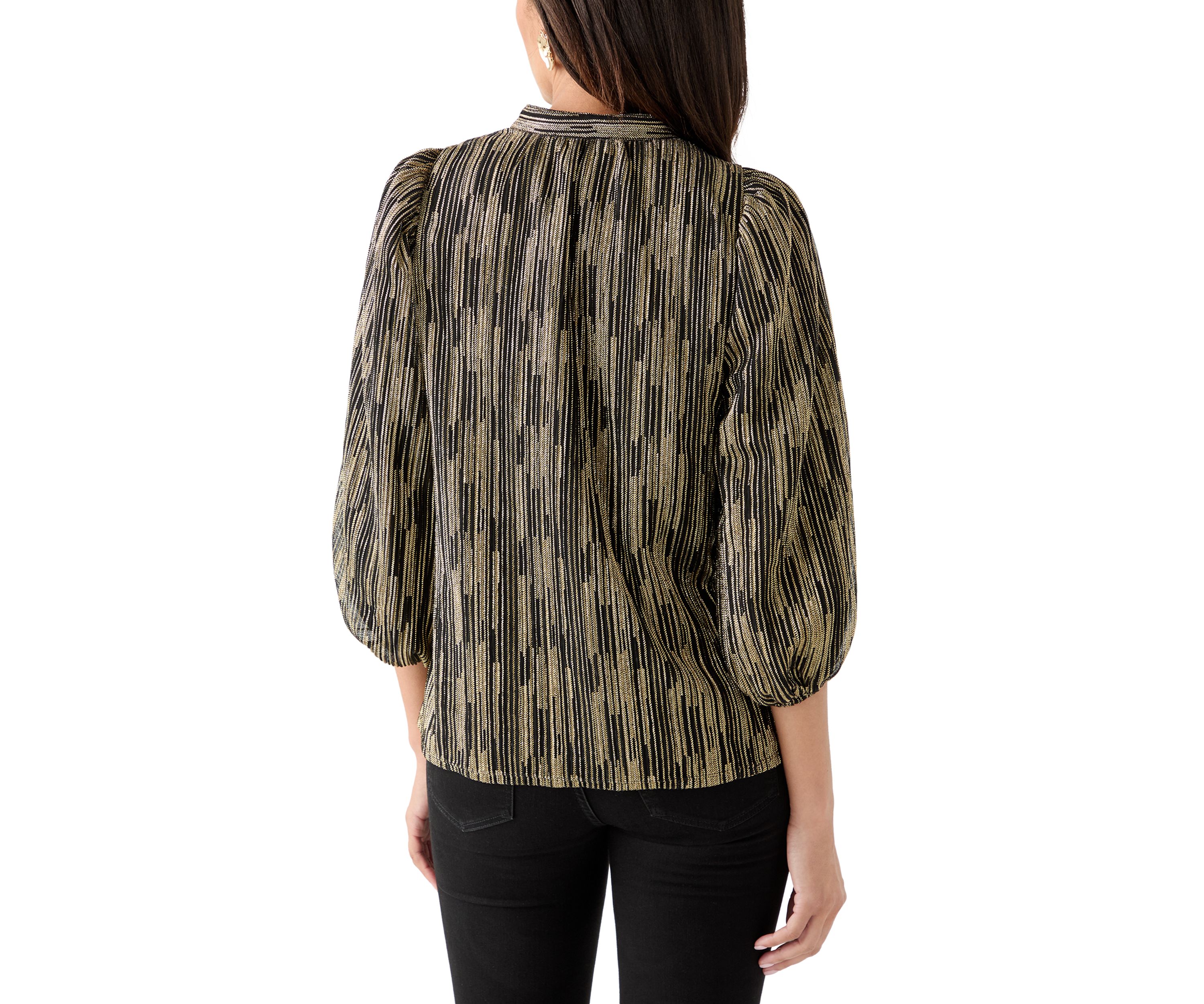 Womens 3/4 Puff Sleeve Split Neck Metallic Top 