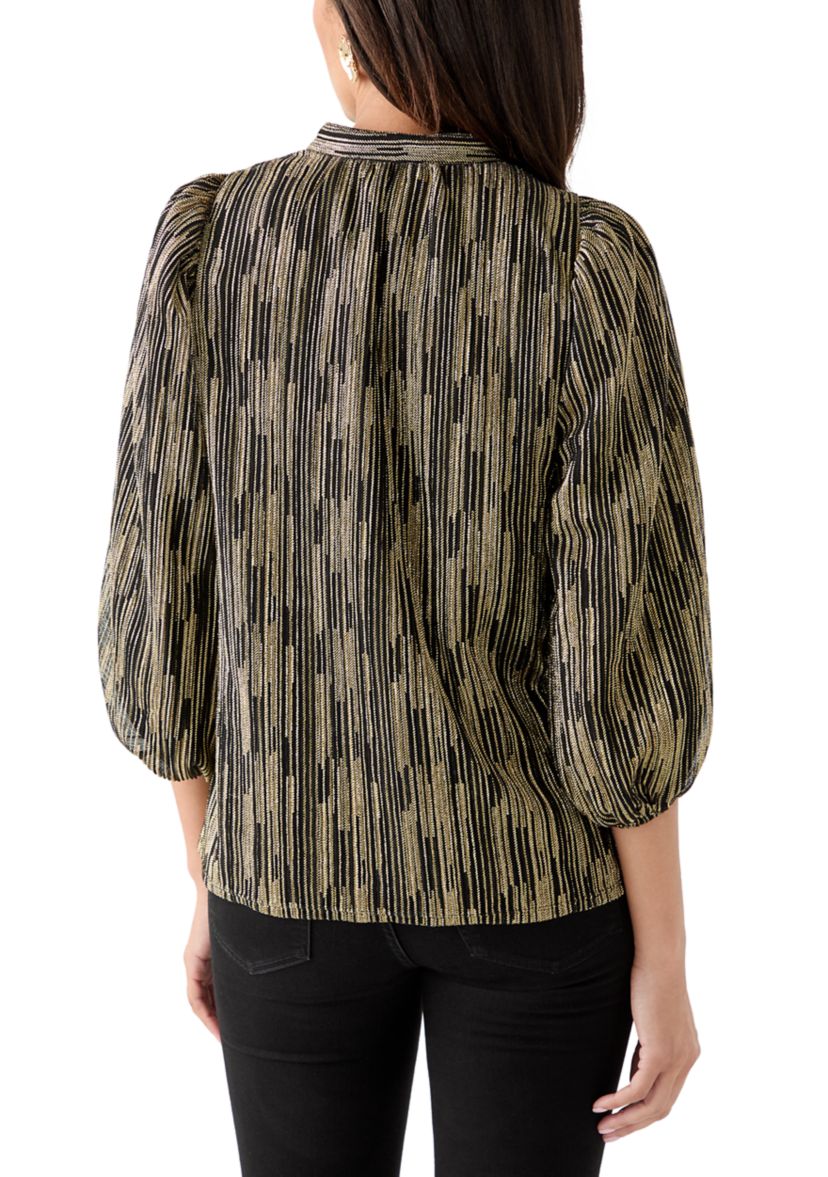  Womens 3/4 Puff Sleeve Split Neck Metallic Top 