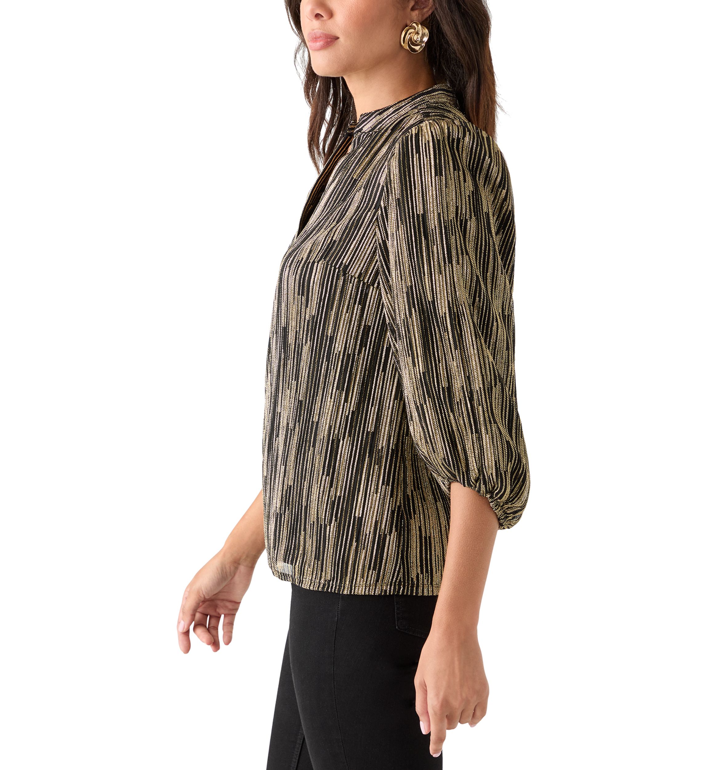  Womens 3/4 Puff Sleeve Split Neck Metallic Top 