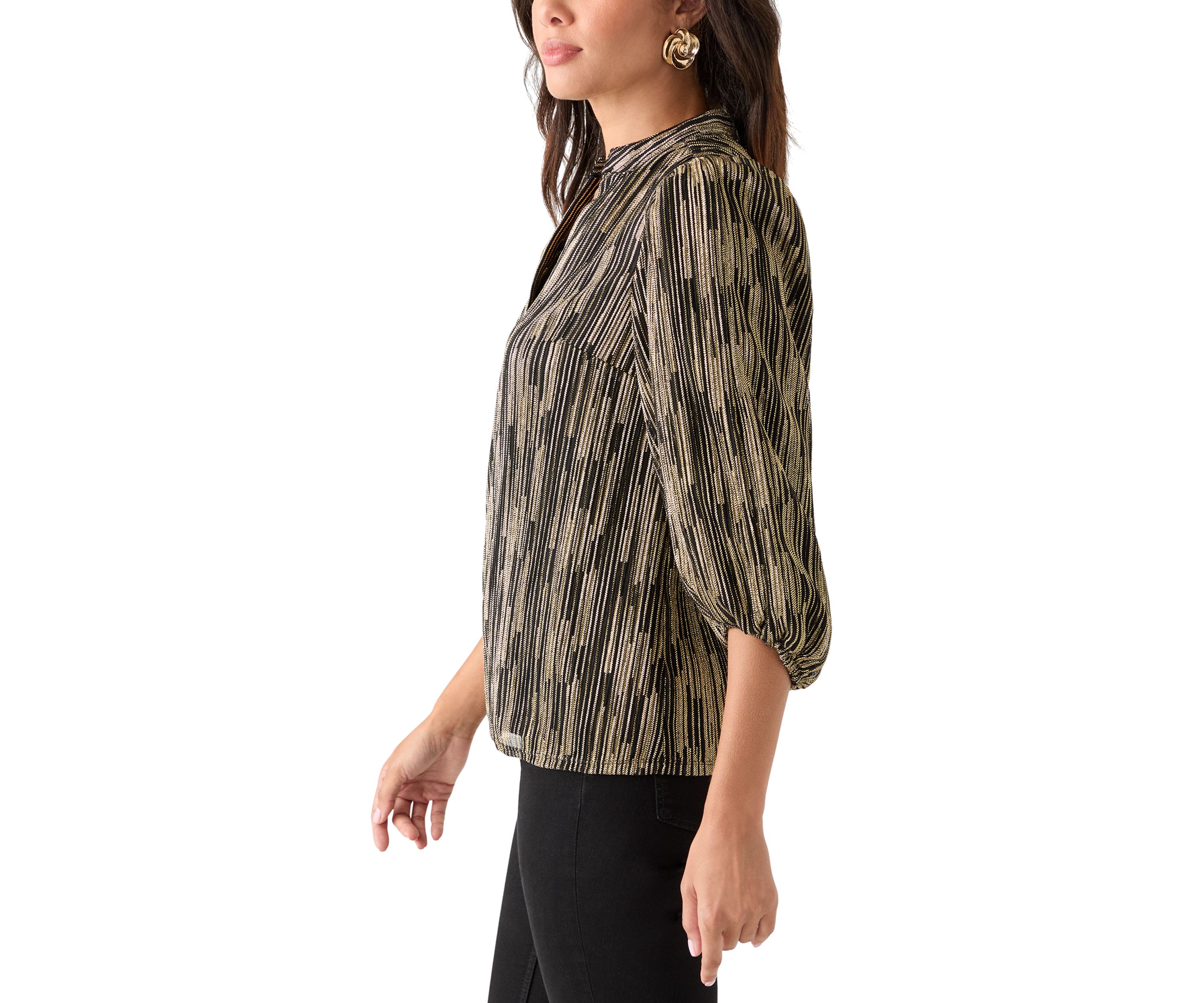  Womens 3/4 Puff Sleeve Split Neck Metallic Top 
