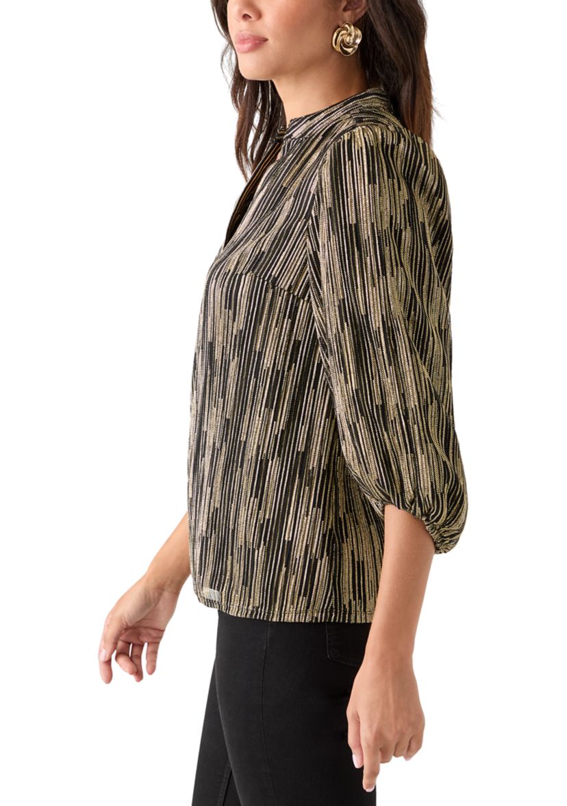  Womens 3/4 Puff Sleeve Split Neck Metallic Top 
