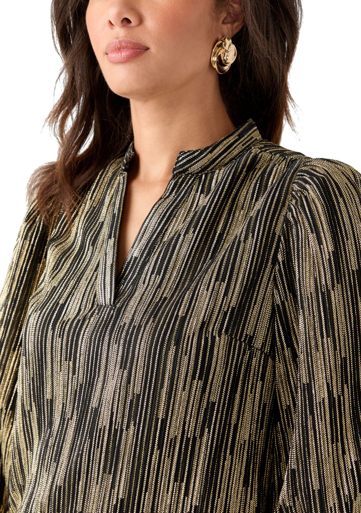  Womens 3/4 Puff Sleeve Split Neck Metallic Top 