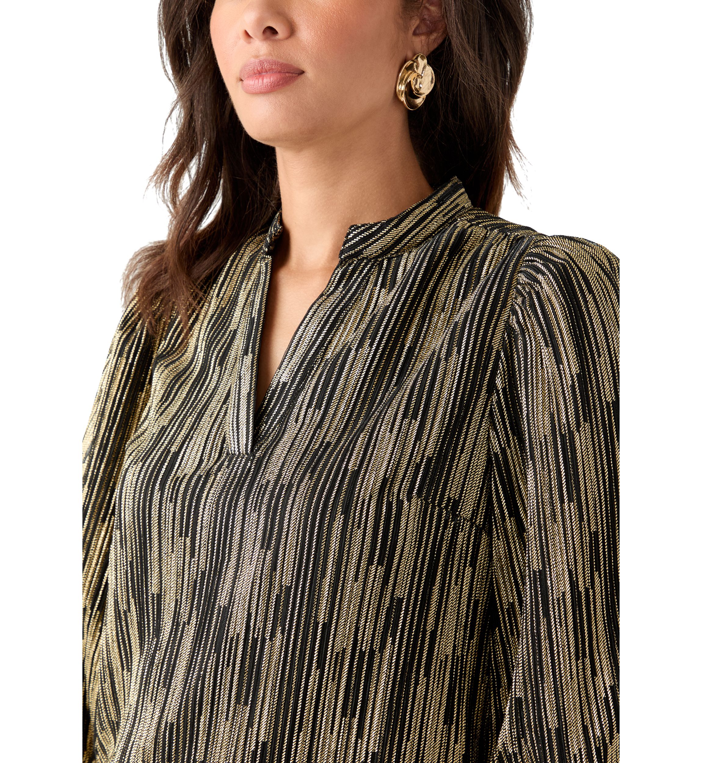  Womens 3/4 Puff Sleeve Split Neck Metallic Top 