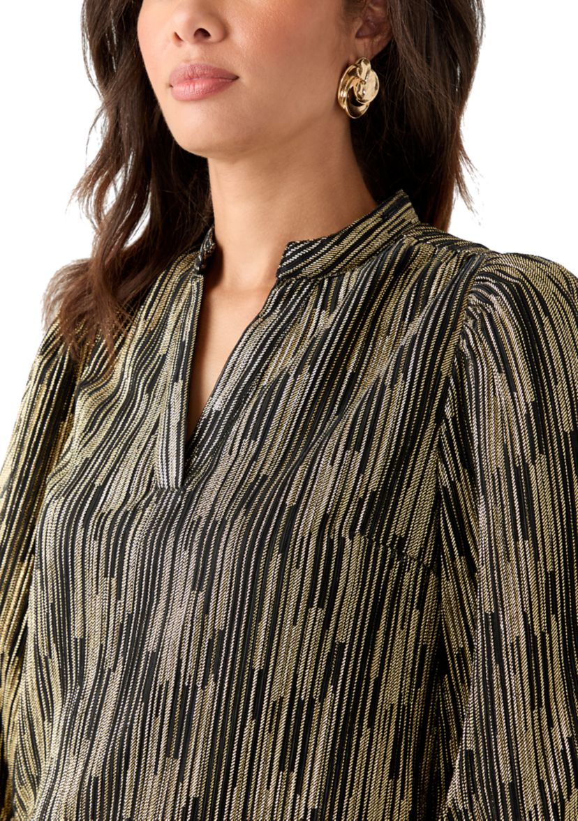  Womens 3/4 Puff Sleeve Split Neck Metallic Top 