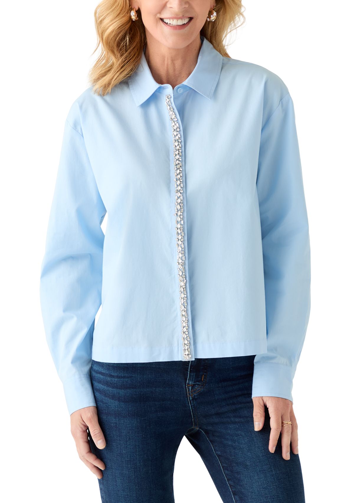 Womens Embellished Button Up Top