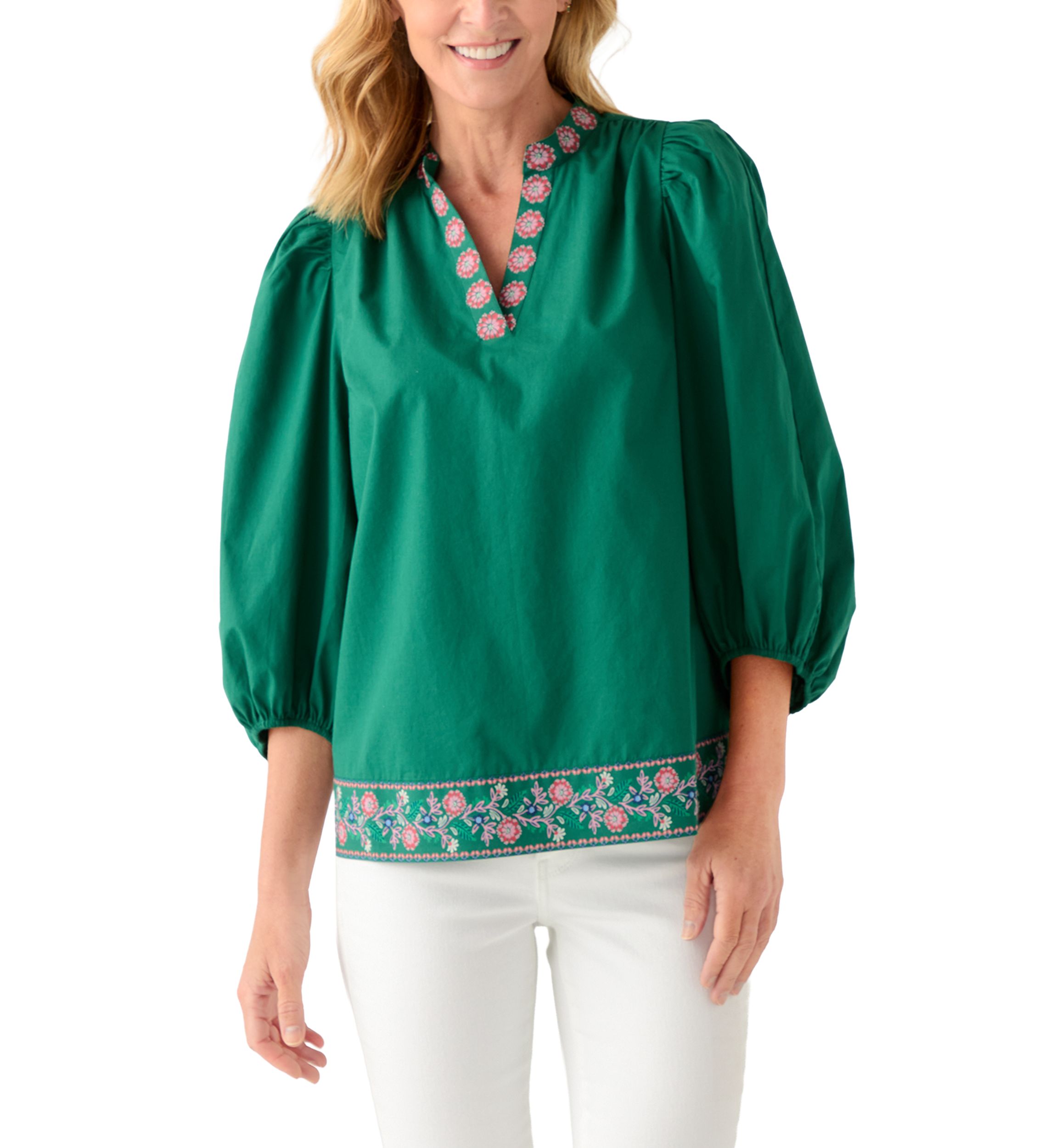 Womens 3/4 Puff Sleeve Top with Placed Print