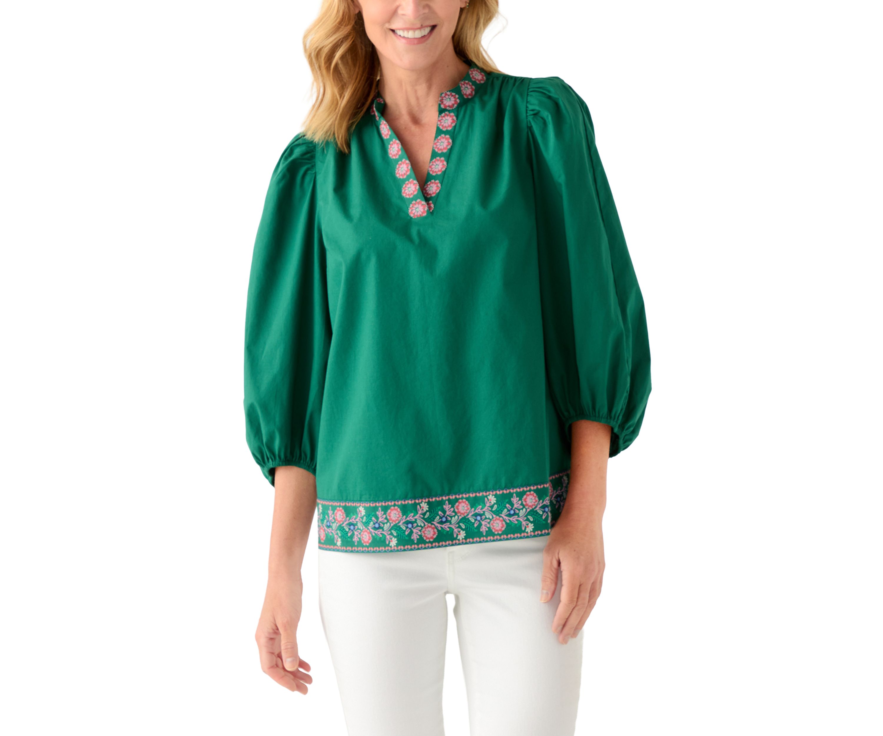 Womens 3/4 Puff Sleeve Top with Placed Print