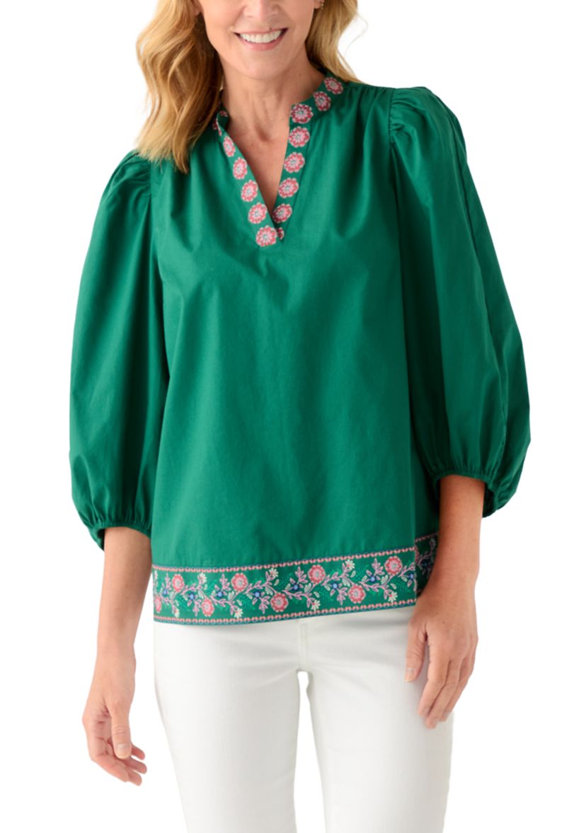 Womens 3/4 Puff Sleeve Top with Placed Print