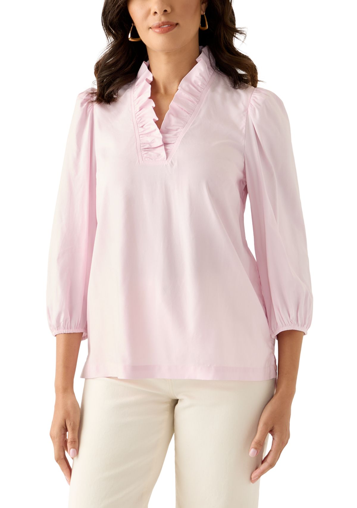 Womens 3/4 Sleeve Ruffle Neck Top