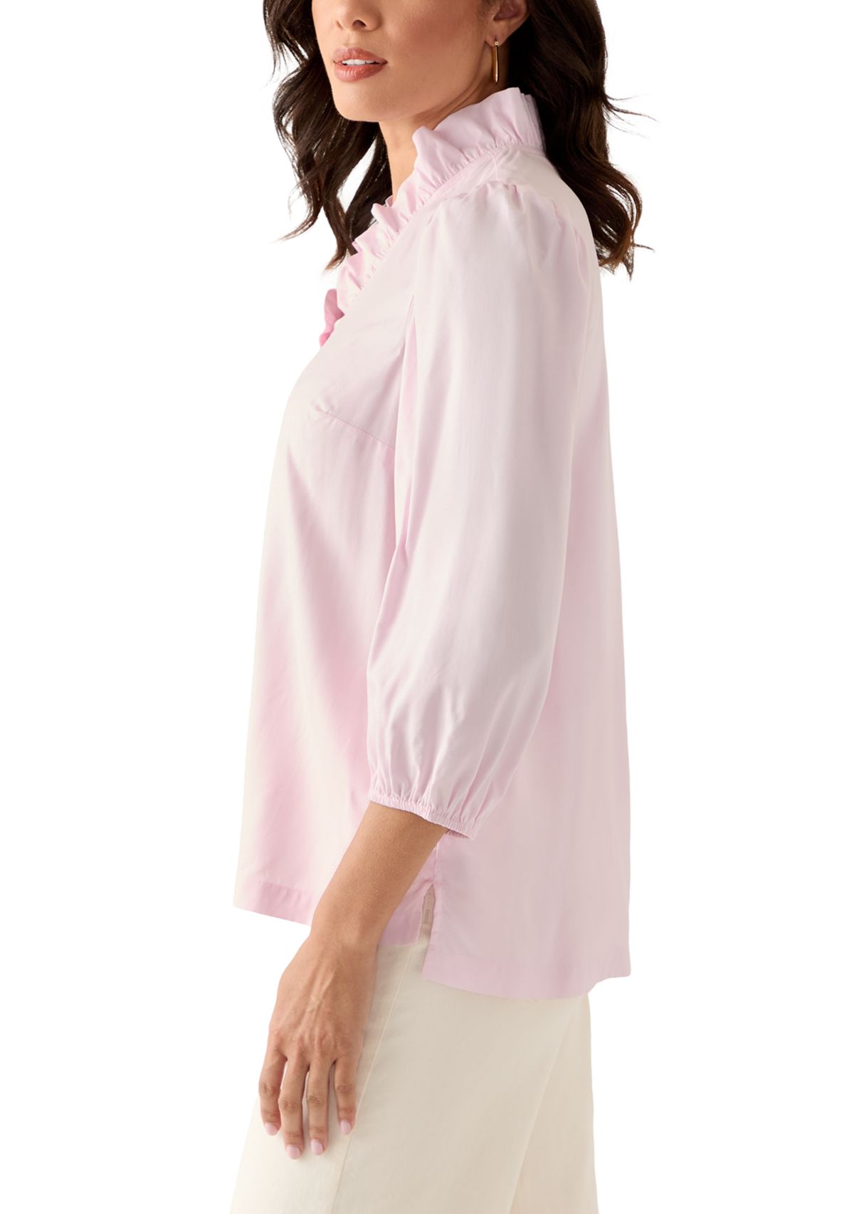 Womens 3/4 Sleeve Ruffle Neck Top