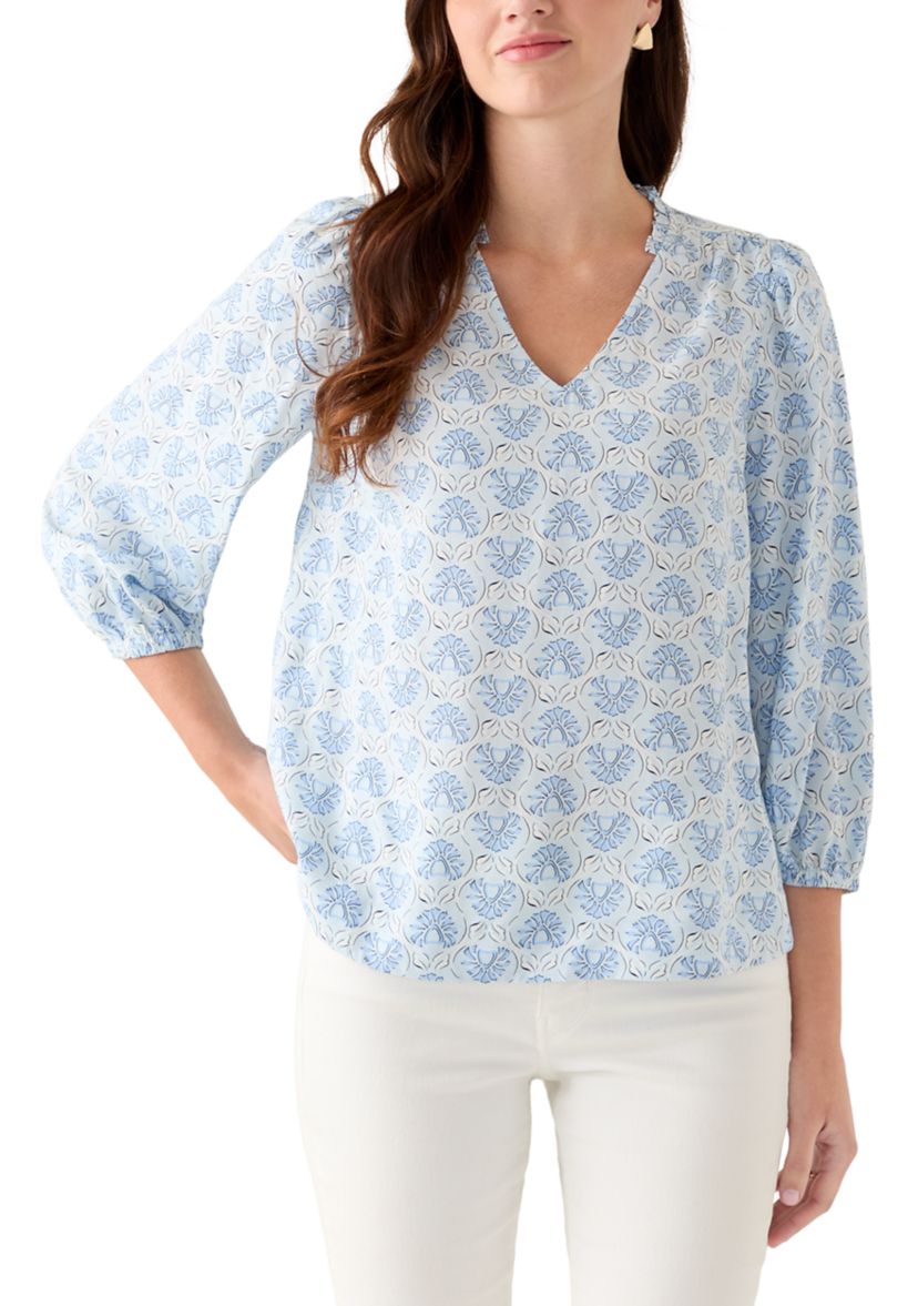 Womens 3/4 Sleeve Top with Shirred Shoulders and Print