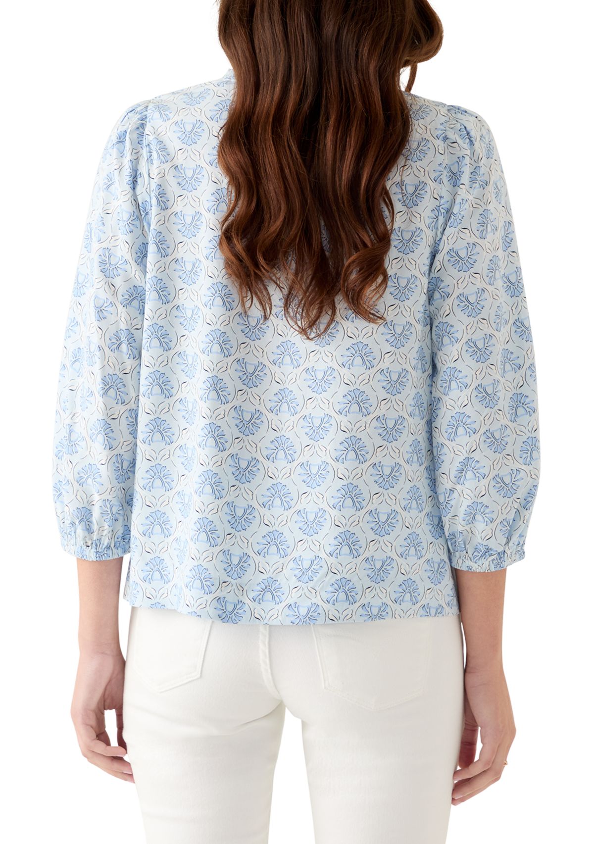Womens 3/4 Sleeve Top with Shirred Shoulders and Print