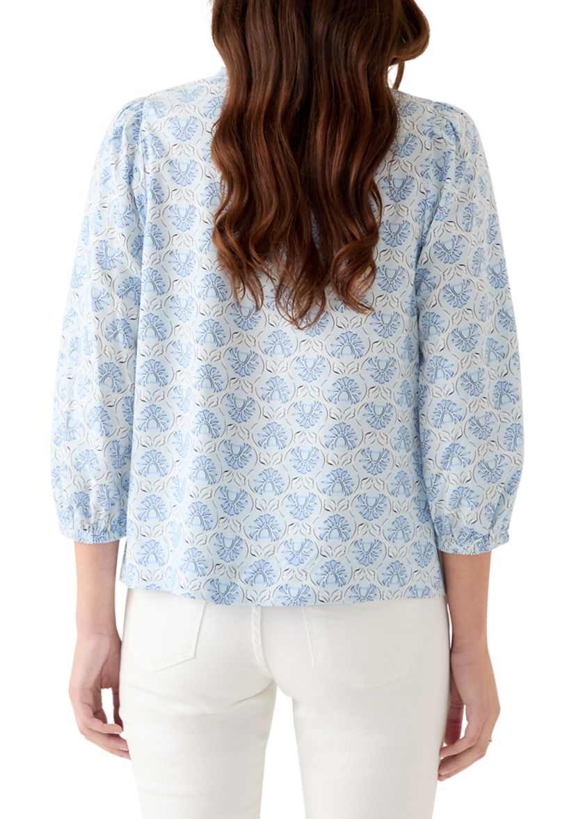 Womens 3/4 Sleeve Top with Shirred Shoulders and Print