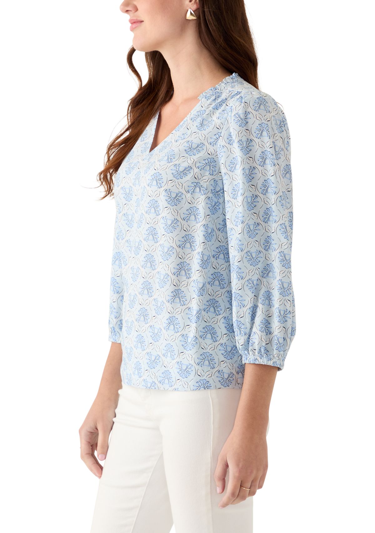 Womens 3/4 Sleeve Top with Shirred Shoulders and Print