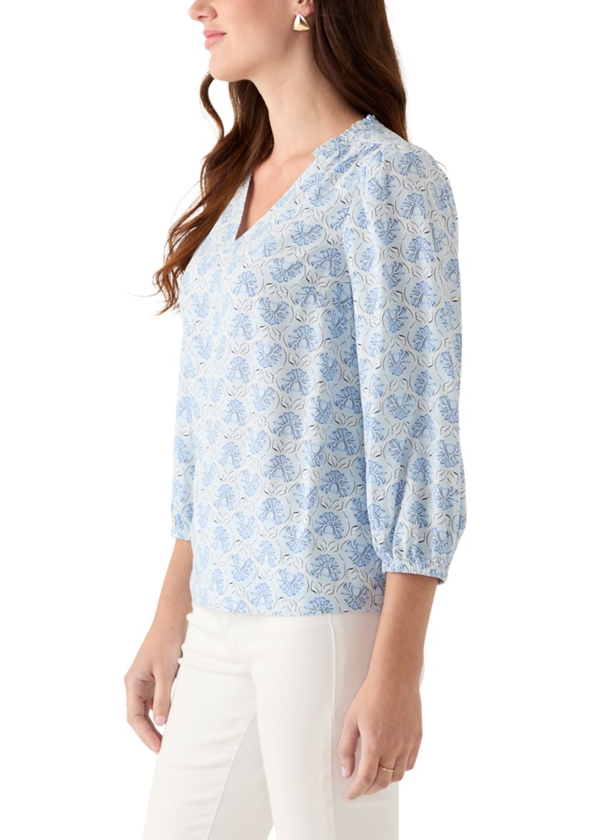 Womens 3/4 Sleeve Top with Shirred Shoulders and Print