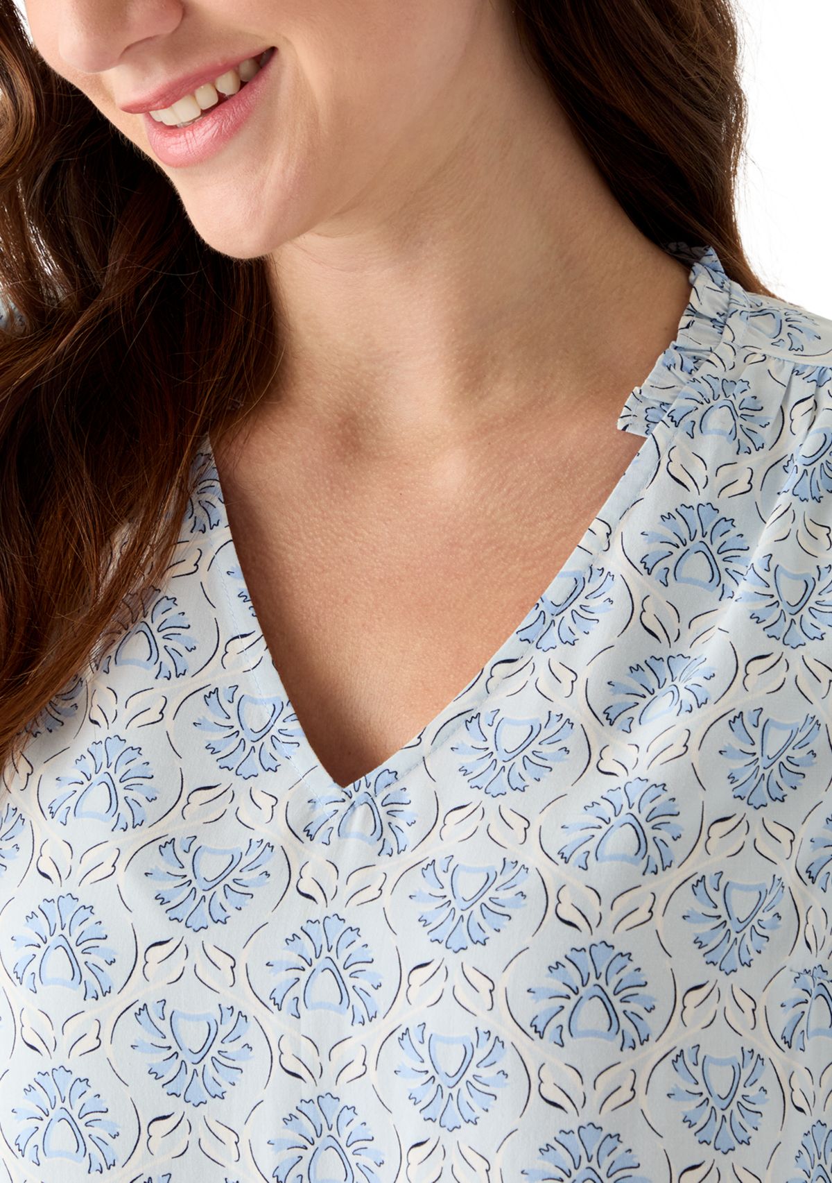 Womens 3/4 Sleeve Top with Shirred Shoulders and Print