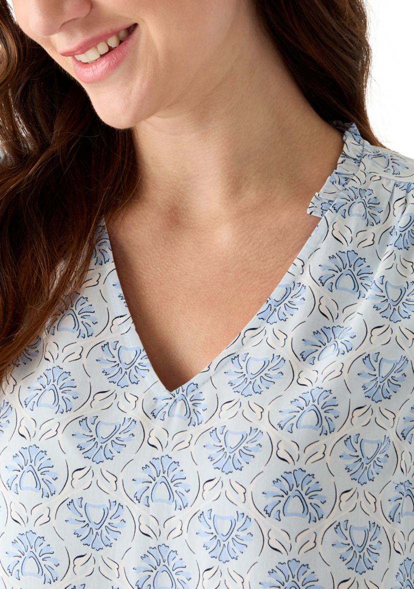 Womens 3/4 Sleeve Top with Shirred Shoulders and Print