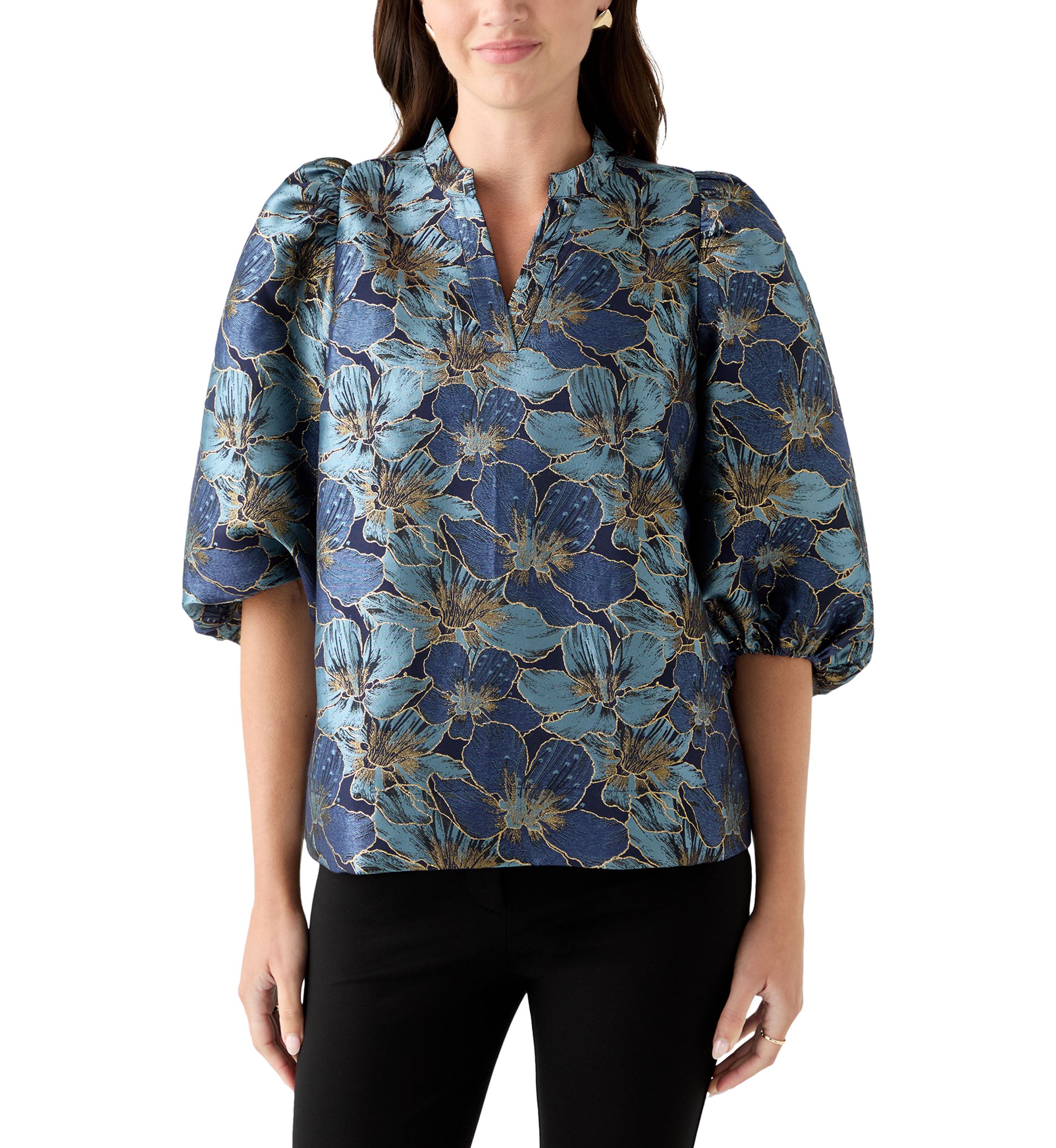  Womens 3/4 Puff Sleeve Split Neck Jacquard Top 