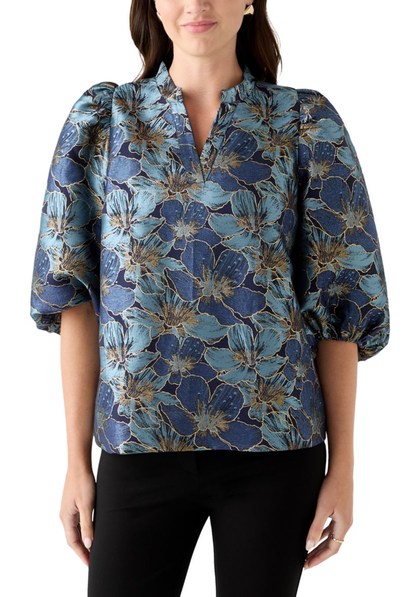  Womens 3/4 Puff Sleeve Split Neck Jacquard Top 