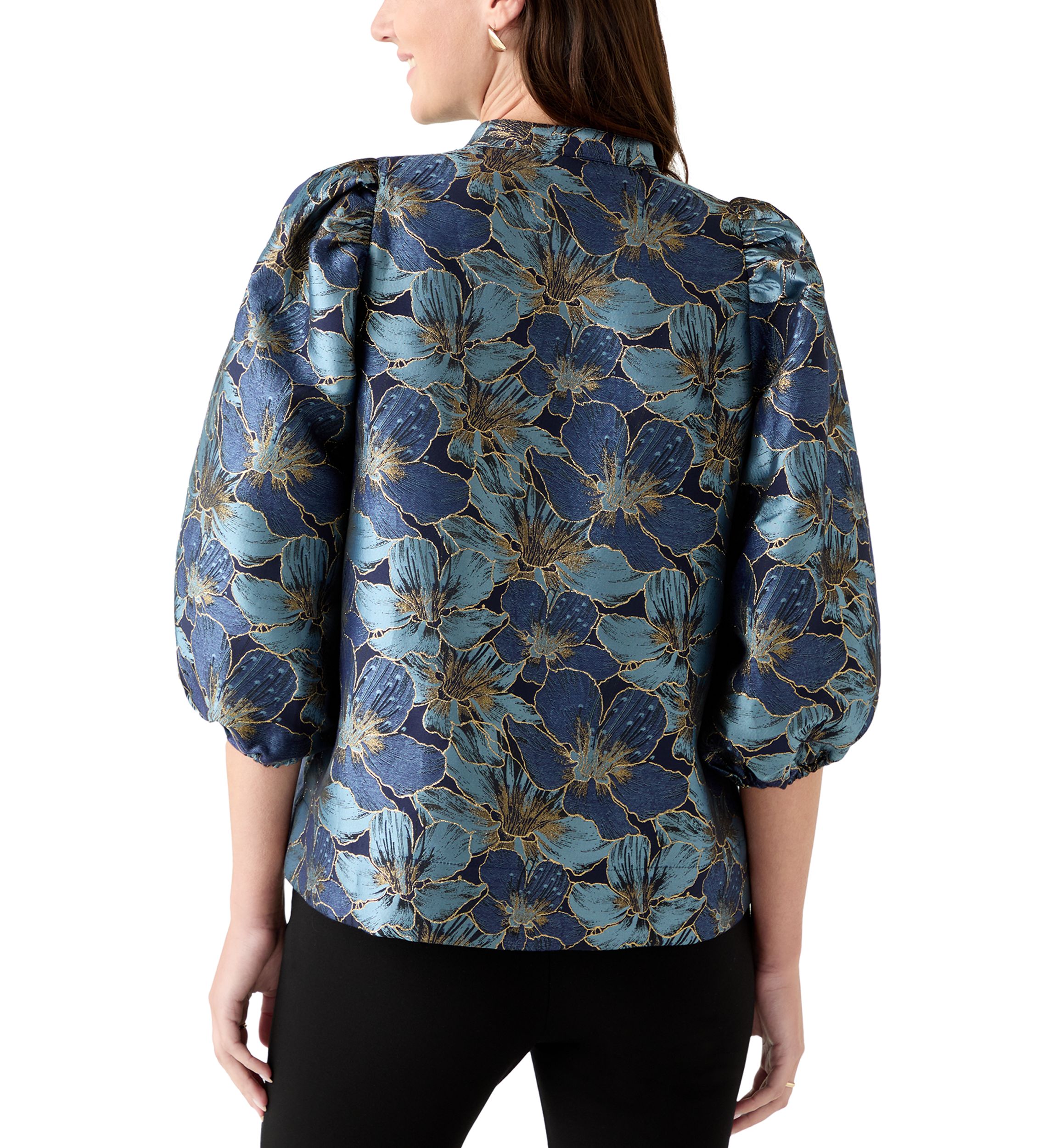  Womens 3/4 Puff Sleeve Split Neck Jacquard Top 