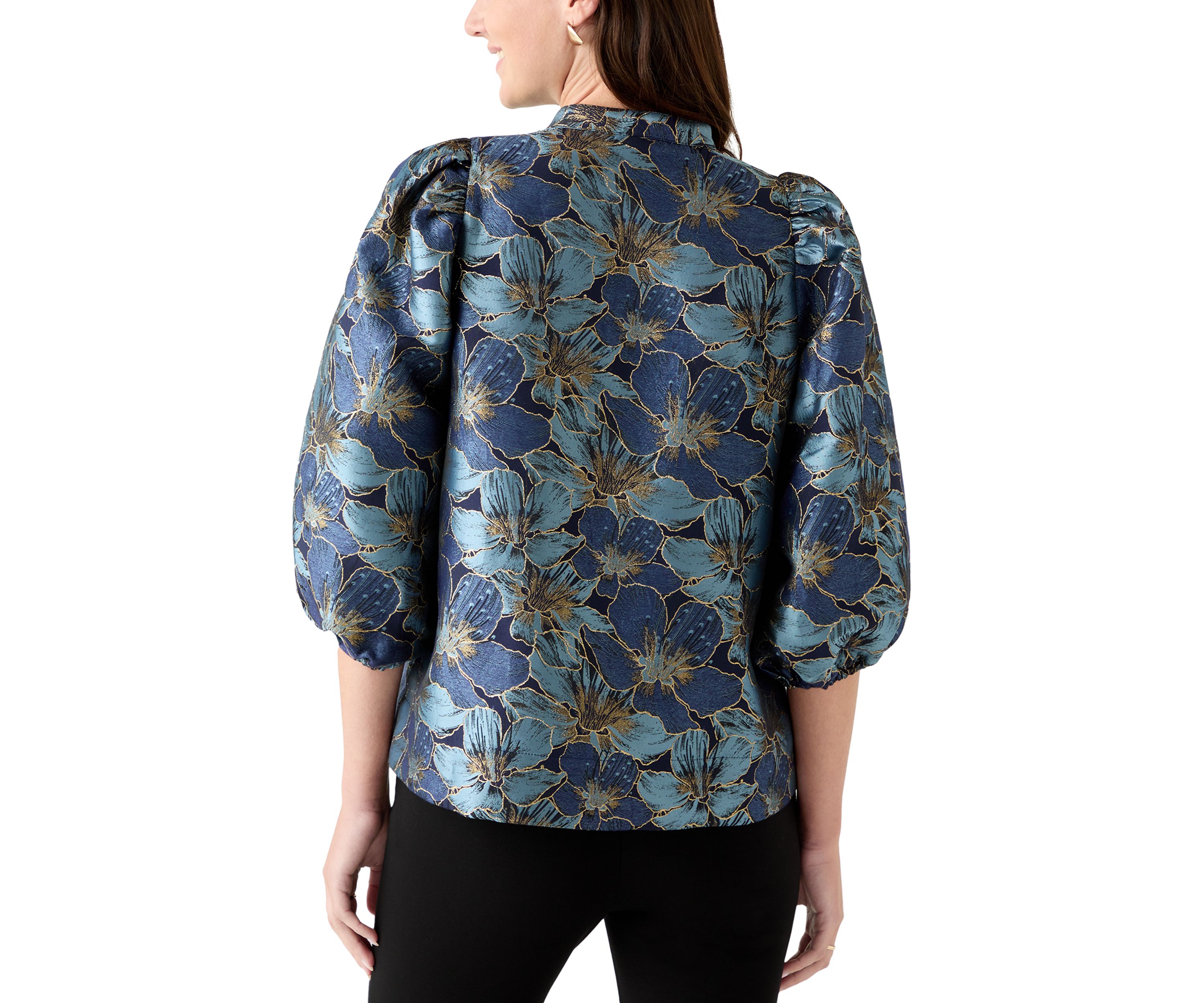 Womens 3/4 Puff Sleeve Split Neck Jacquard Top 